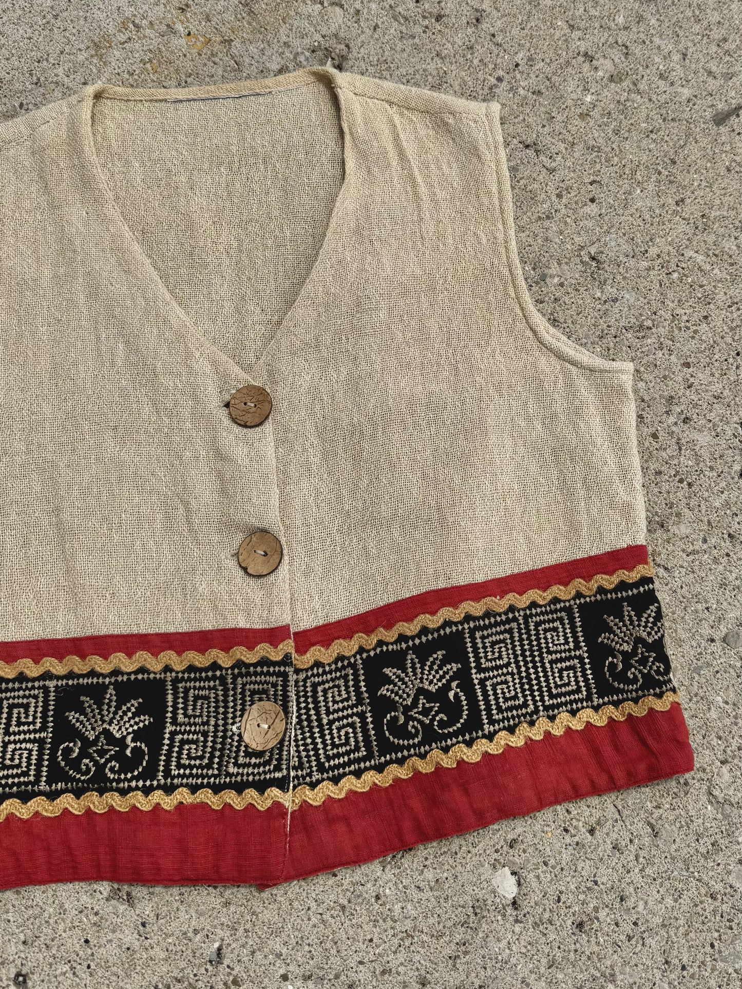 Vintage 1990s Woven Embroidered Trim Wood Button Vest | S/M