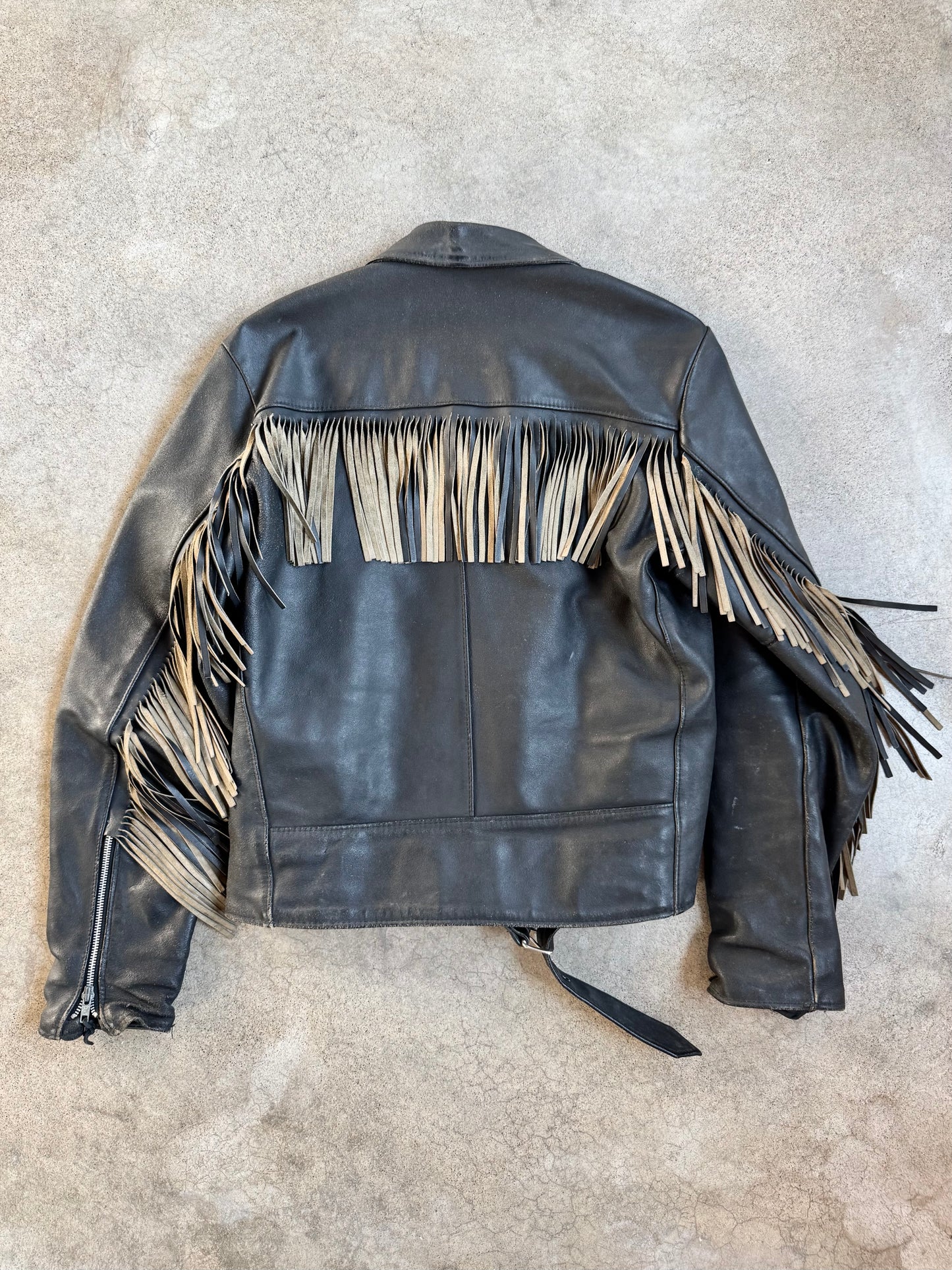 Vintage 1970s Sears Black Leather Fringe Biker Jacket | 40R