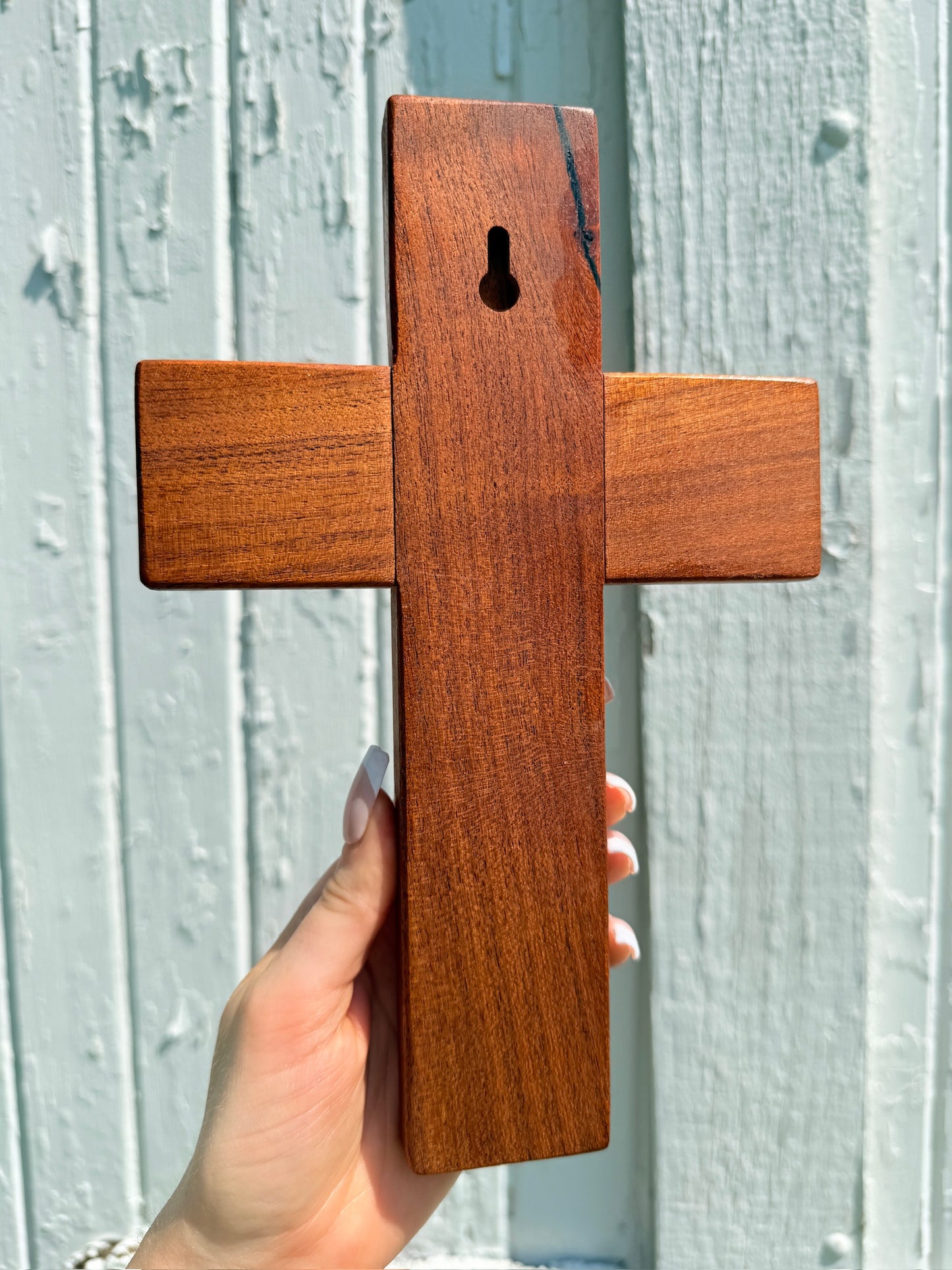 Vintage 1960s Wood & Turquiose Inlay Cross Wall Hanging