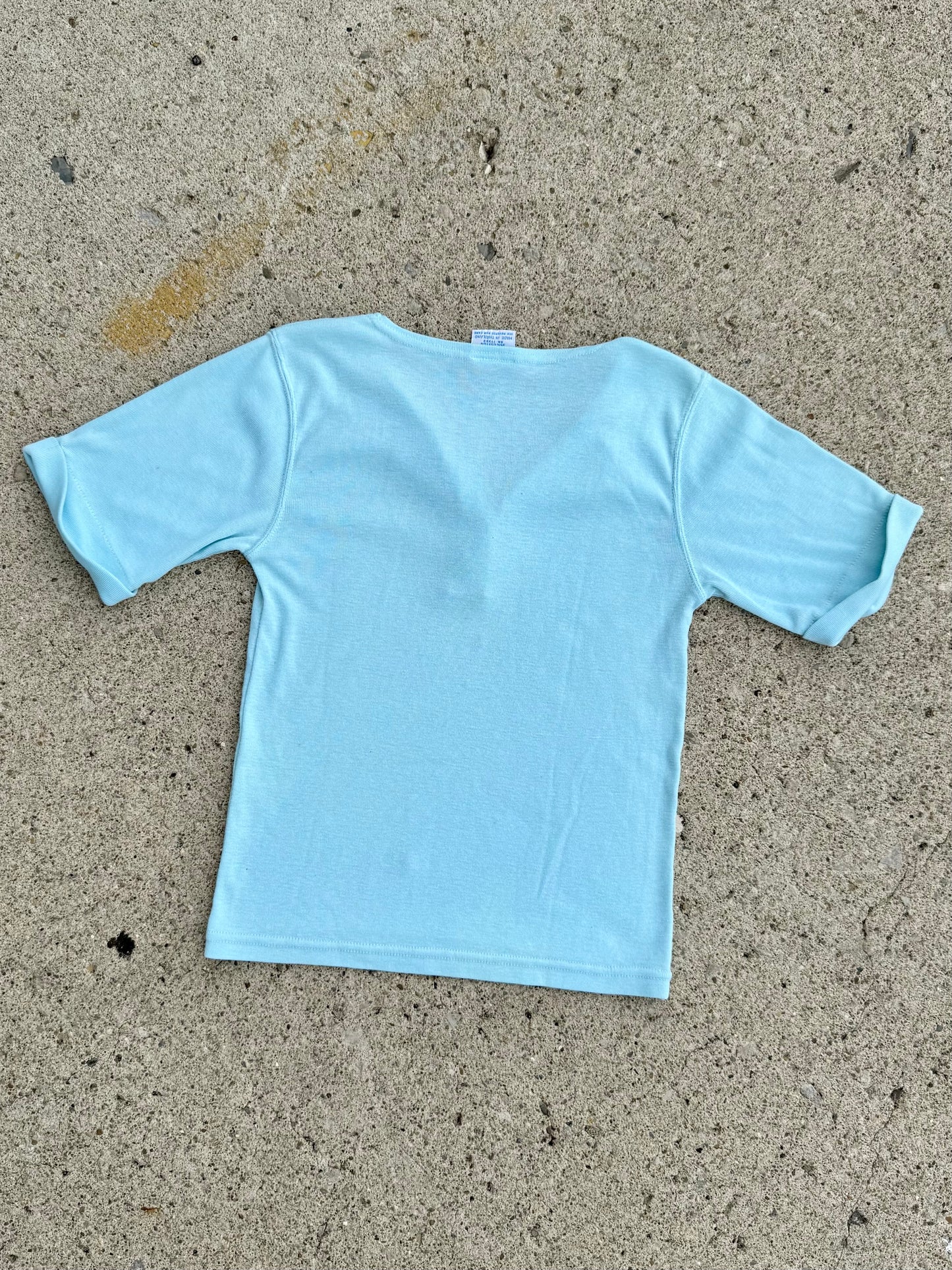 Vintage 1960s Royal Deb Baby Blue Floral Embroidered Henley Tee | Medium