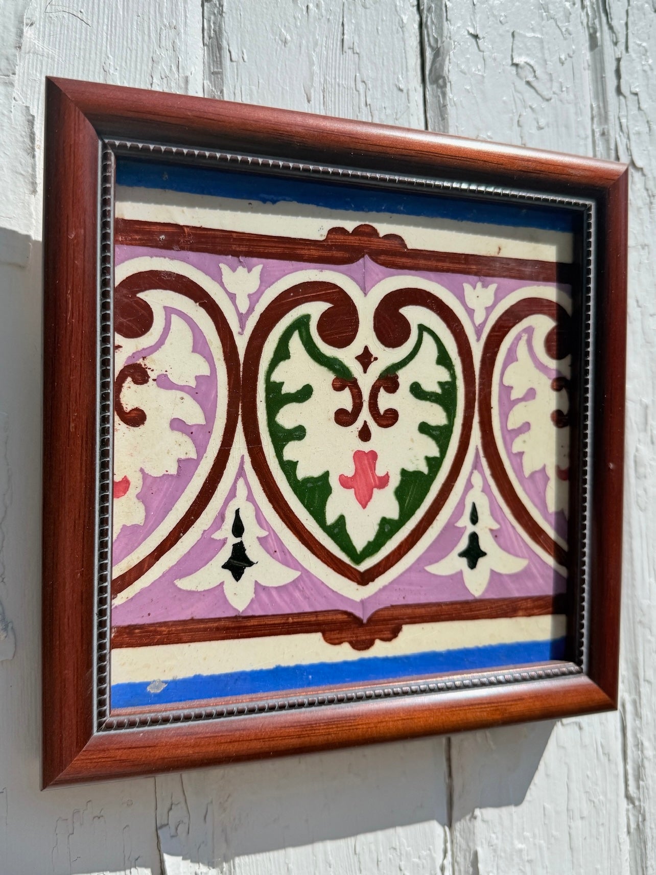 Antique 1920s Framed Hand-Painted Ceramic Tile