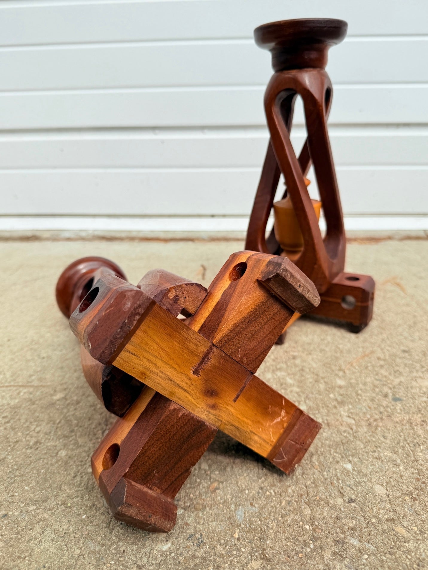 Vintage 1960s Hand-Carved Wood Spiral Candlestick Holders | Set of 2