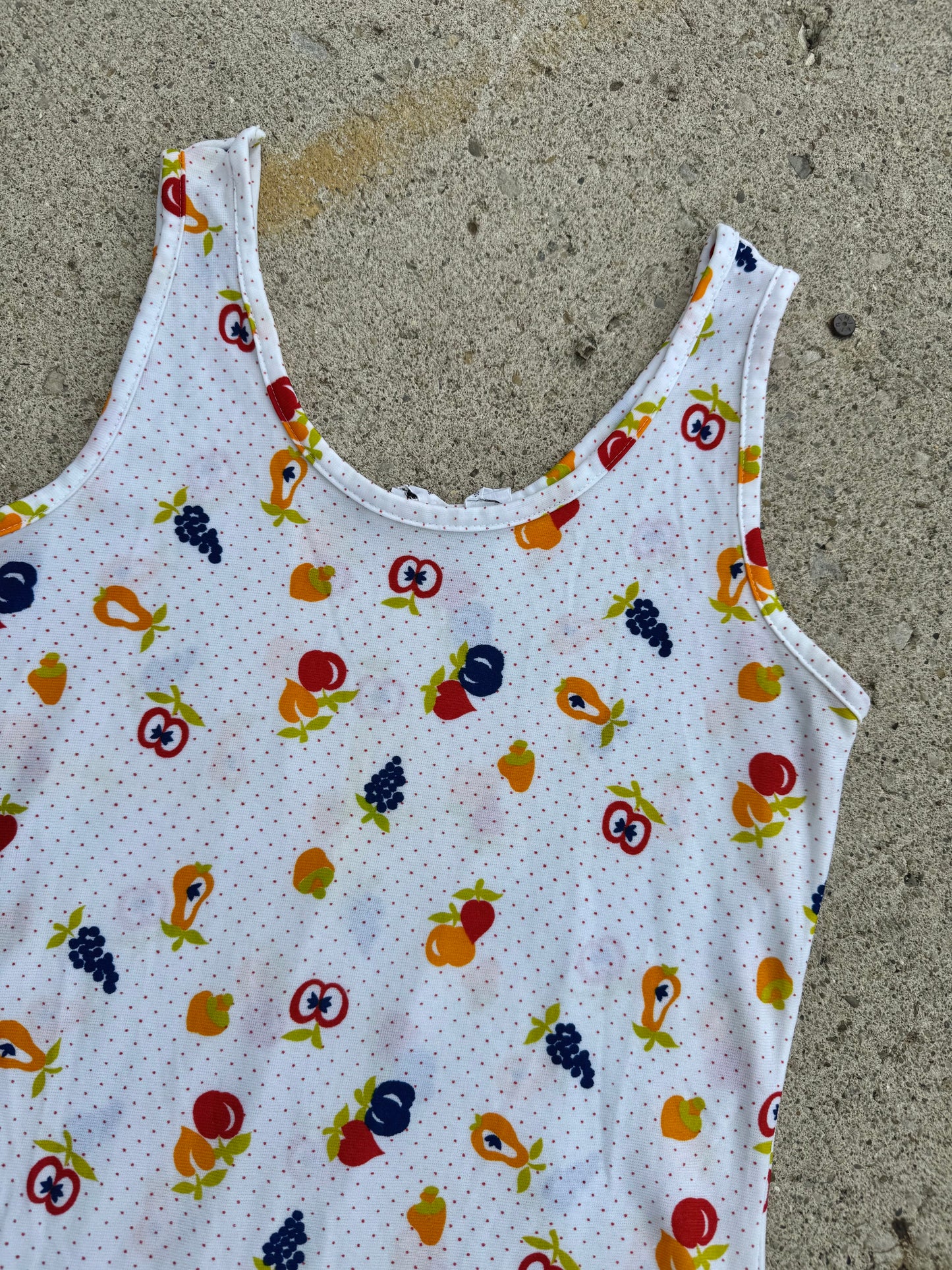 Vintage 1970s Miss Holly Fruit Print Nylon Tank Top | Large