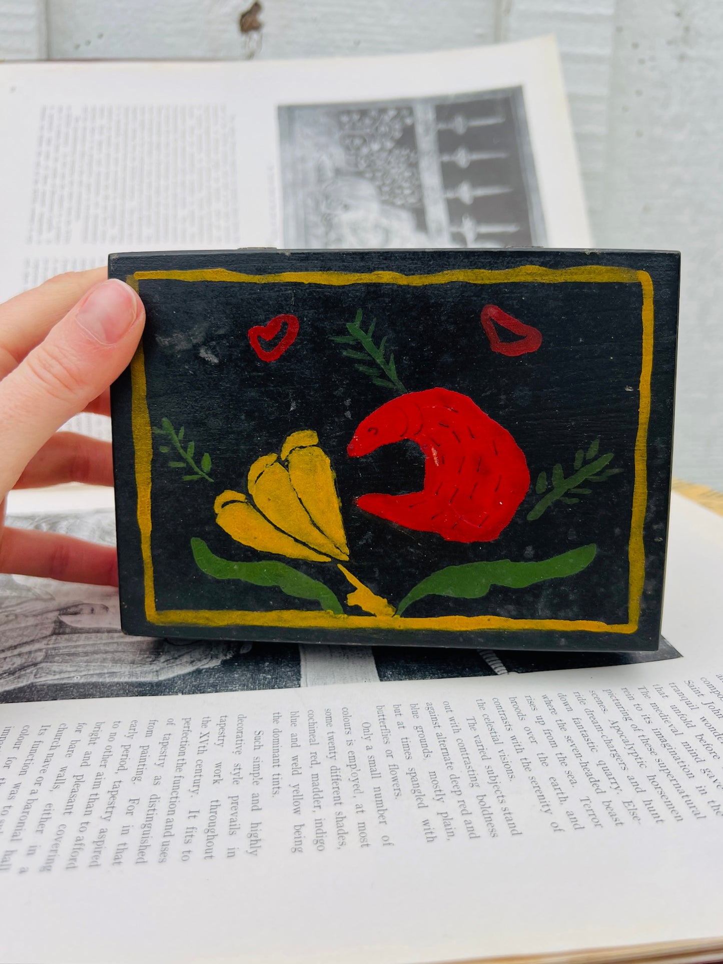 Antique Scandinavian Wood Hand Painted "Bear and Flower" Box