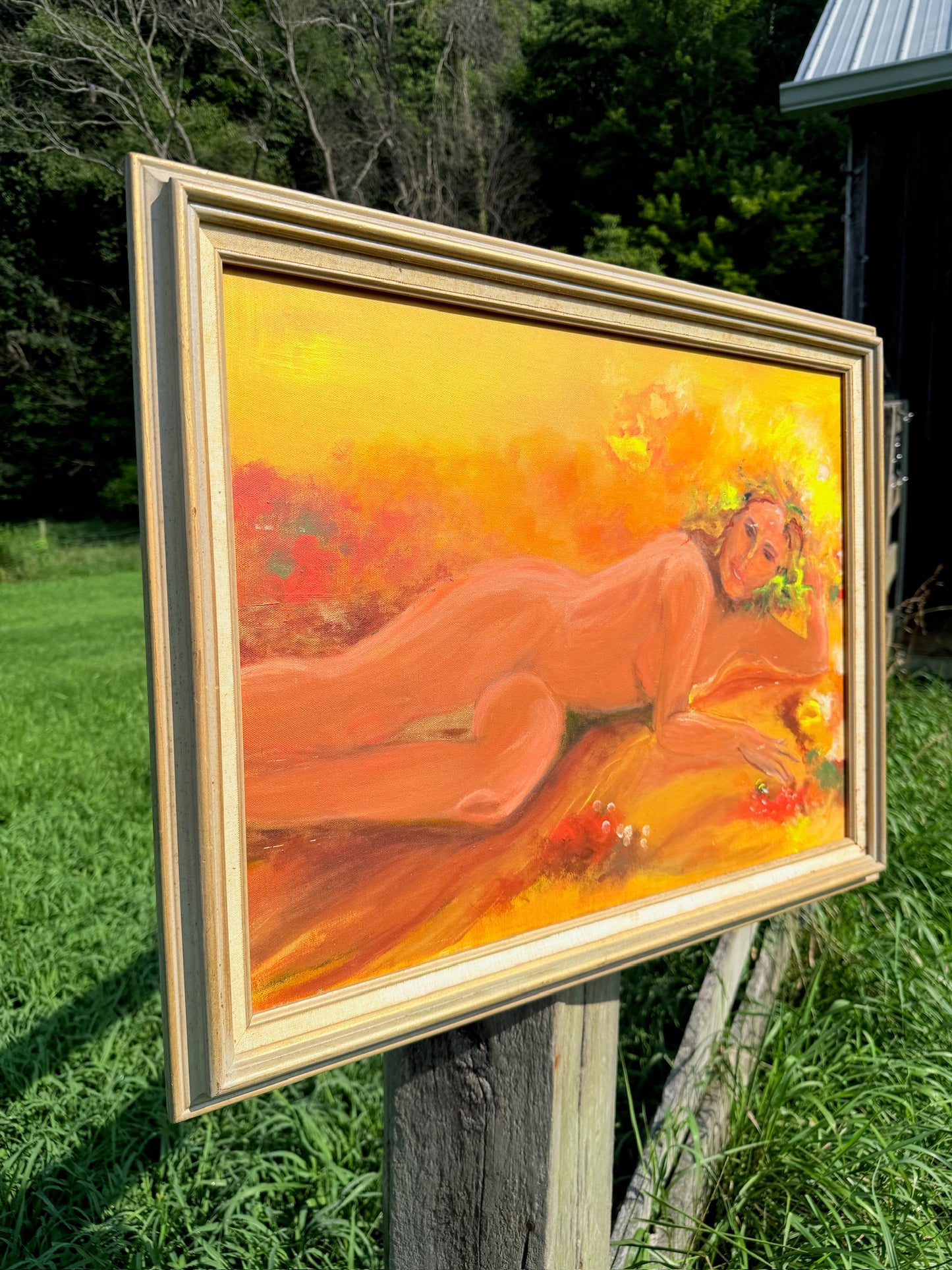 Vintage 1960s Framed "Lounging Lady" Nude Oil Painting