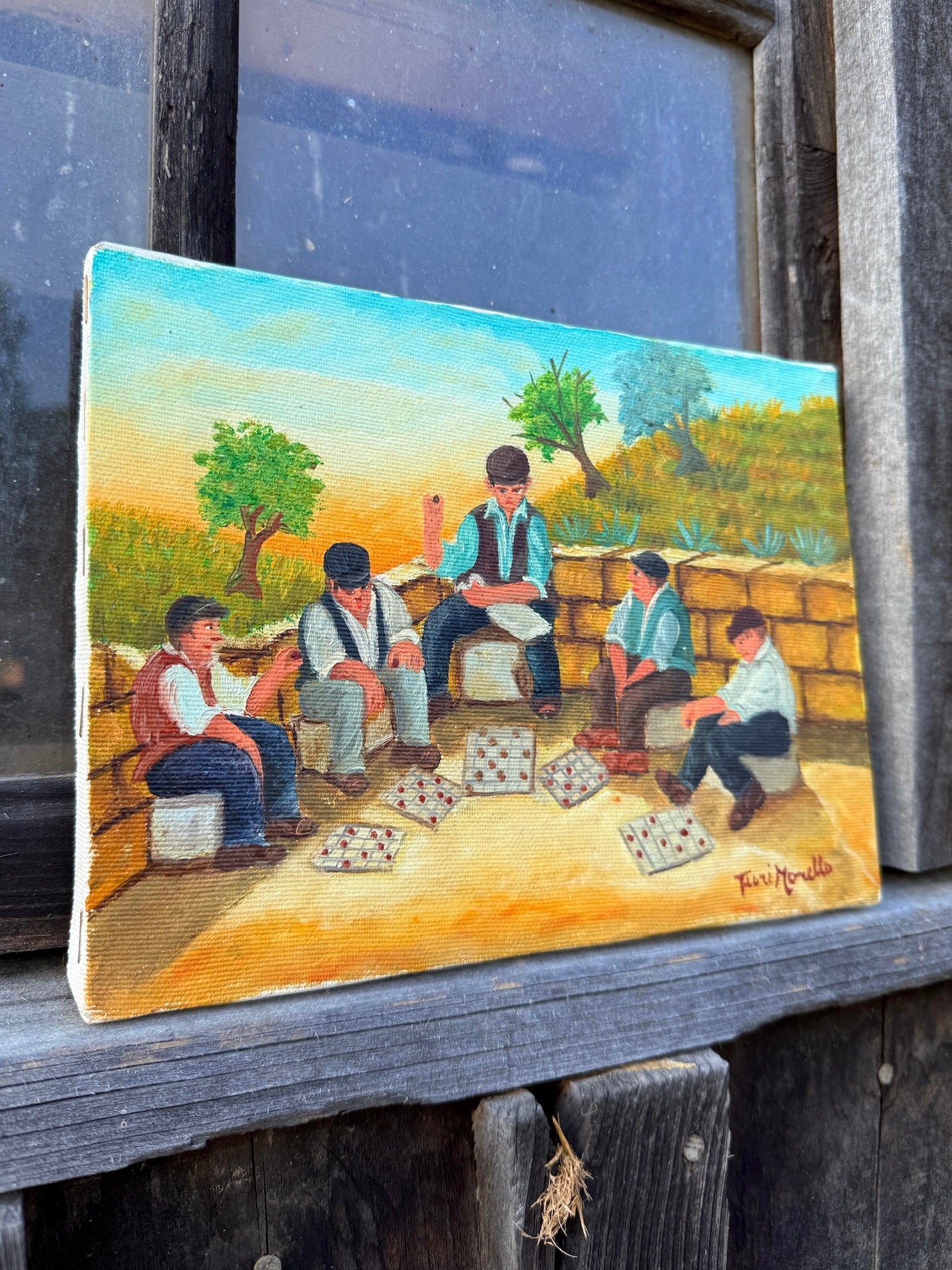 Vintage Signed Turi Morello Sicilian "Boys Playing Checkers" Oil on Canvas Painting