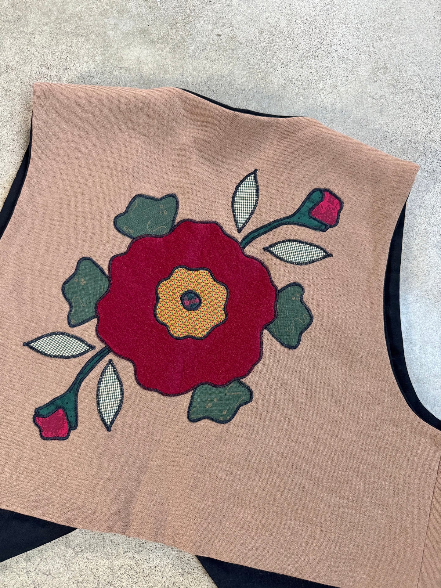 Vintage 1980s Handmade Brown Floral Patched Vest | XL