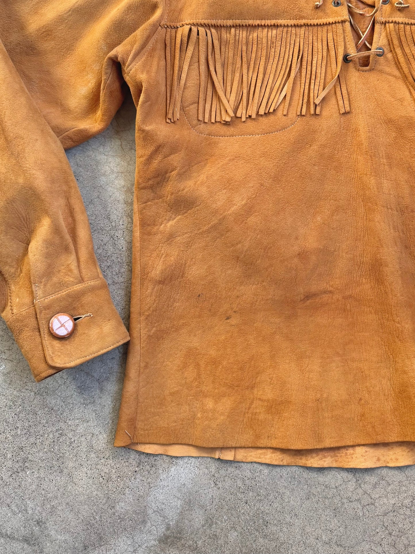 Vintage 1970s Handmade Deerskin Suede Leather Lace-Up Fringe Shirt | M/L