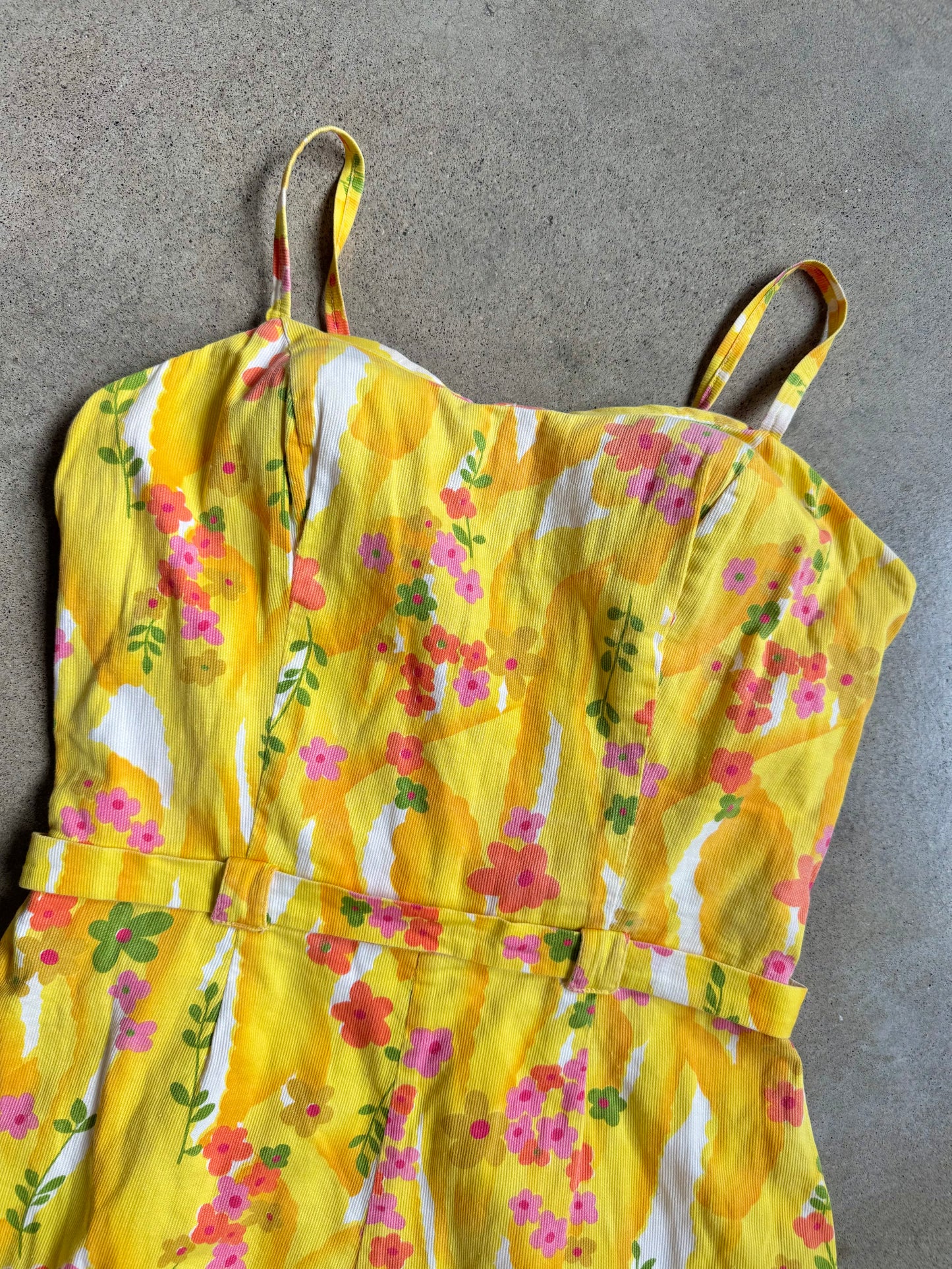 Vintage 1950s Yellow Floral One Piece Playsuit | Small