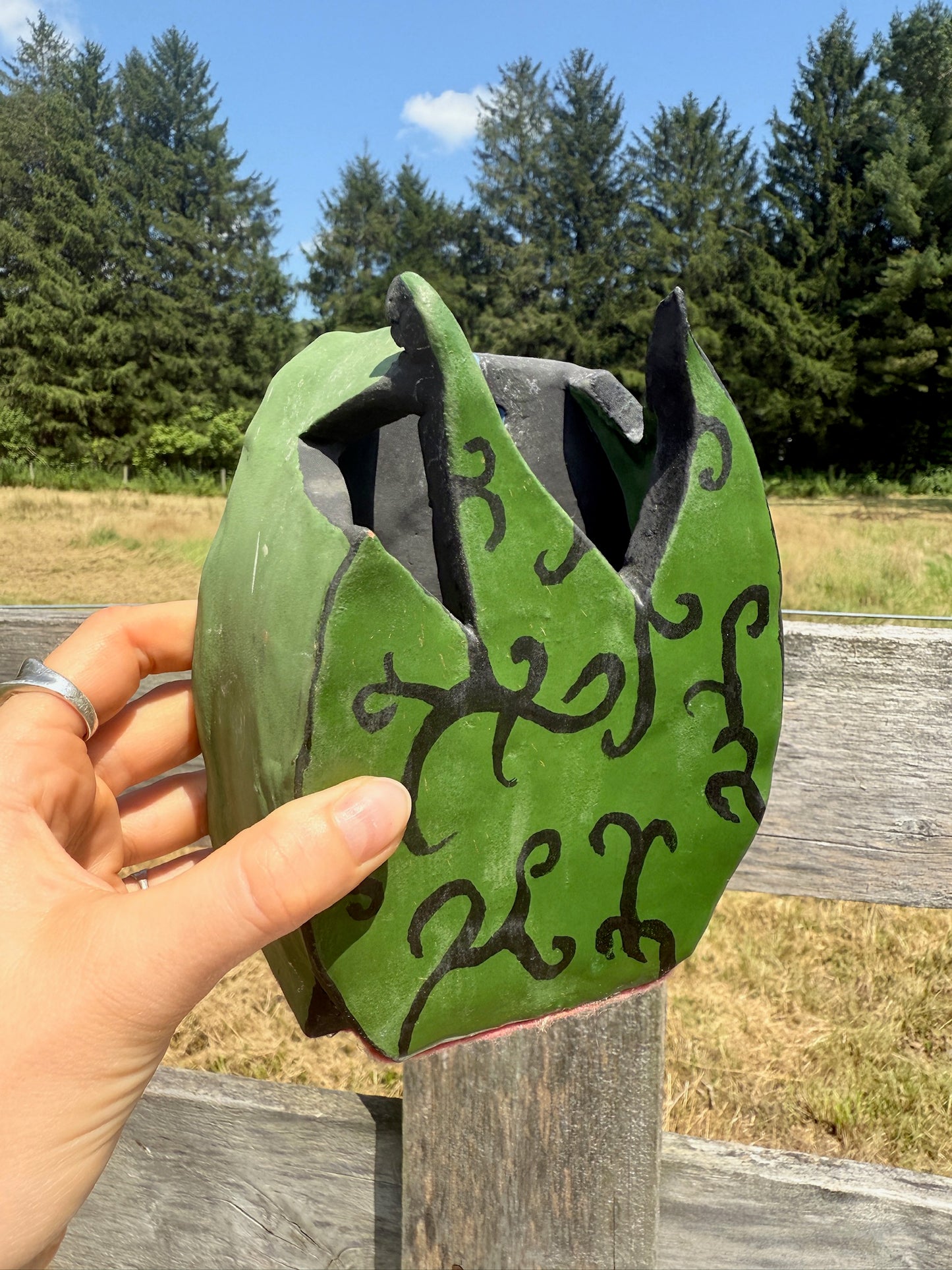 Vintage 1970s Ceramic Hand-Painted Green Leaf Wall Pocket
