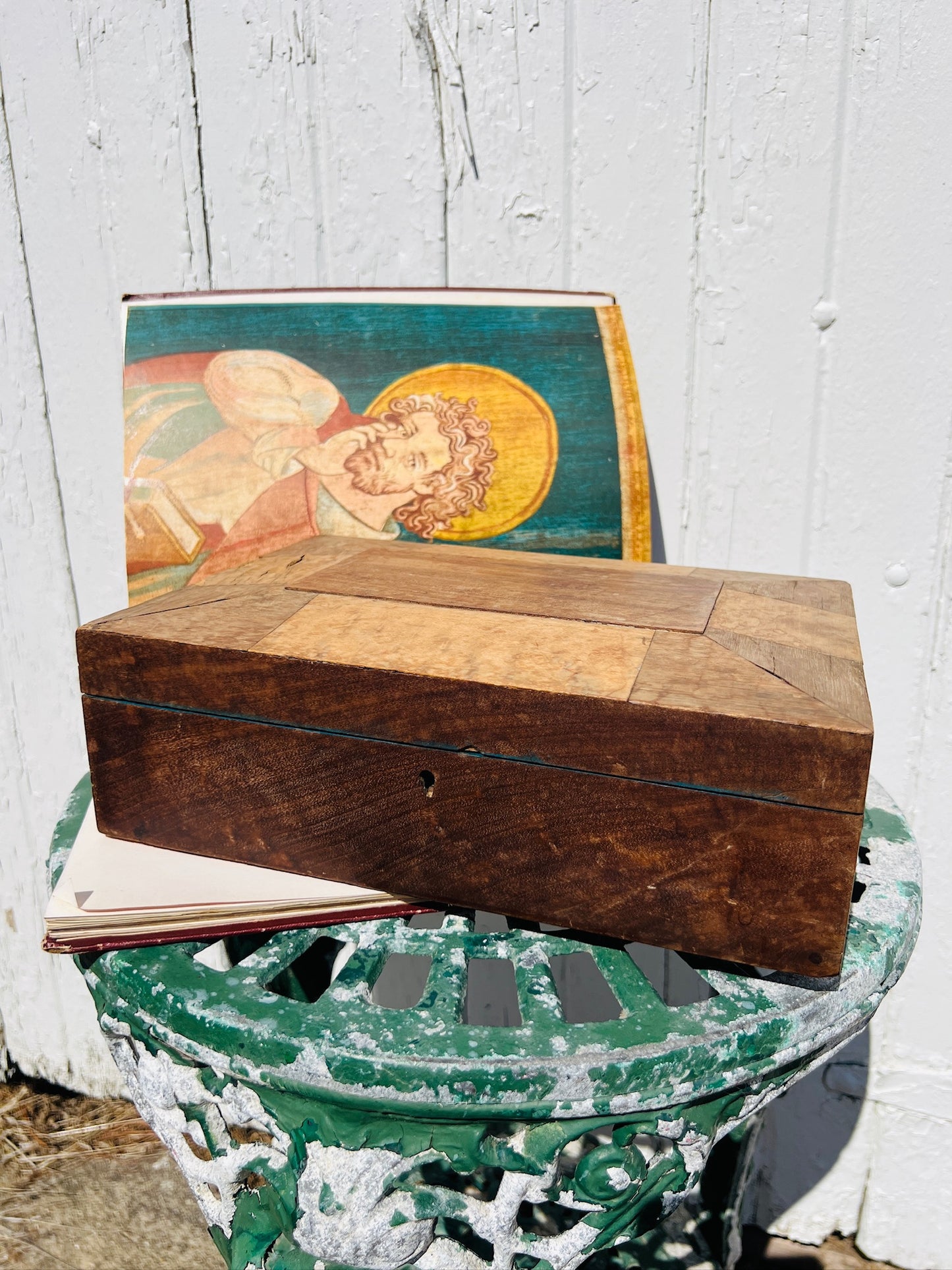 Antique 1800s Primitive Wood Inlay American Folk Art Jewelry Box