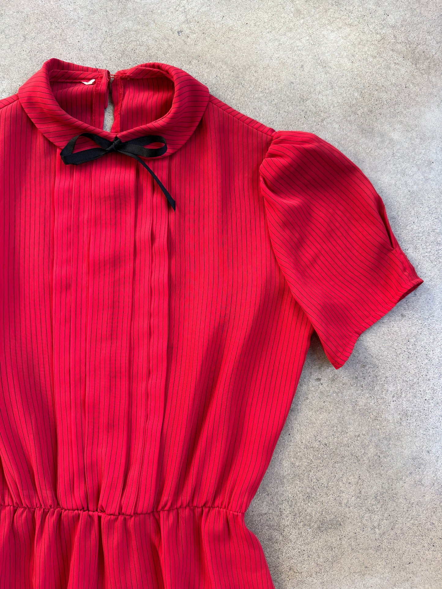 Vintage 1980s Sheer Red & Black Pinstripe Peter Pan Collar Dress | S/M