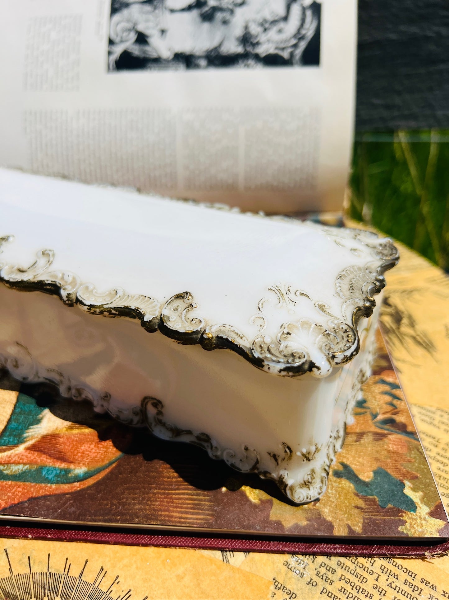 Antique 1900s Ditherage Co. Victorian Milk Glass Filigree Hand-Painted Dresser Box