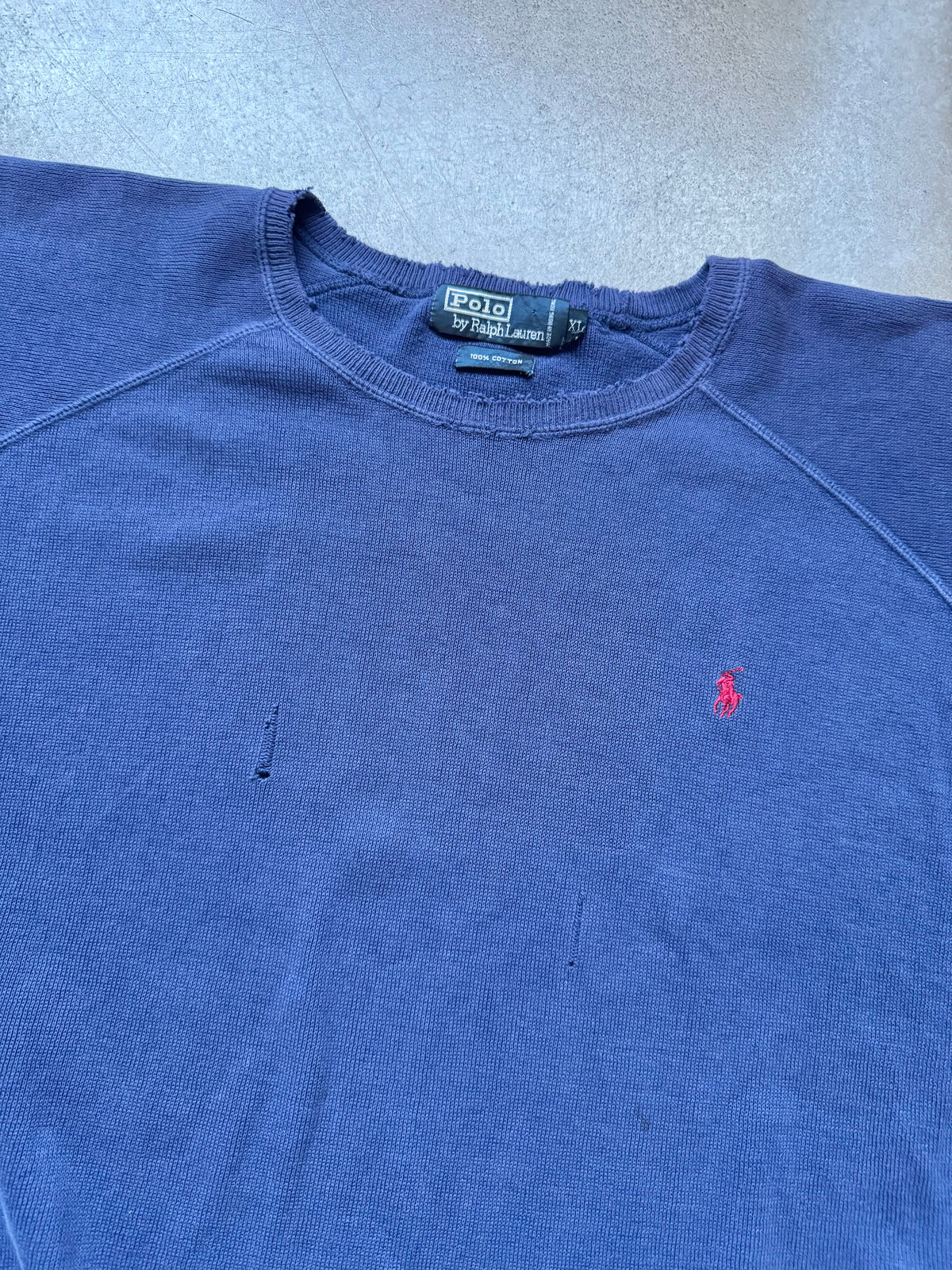 Vintage 1990s Polo Ralph Lauren Distressed Navy Short Sleeve Sweatshirt | XL