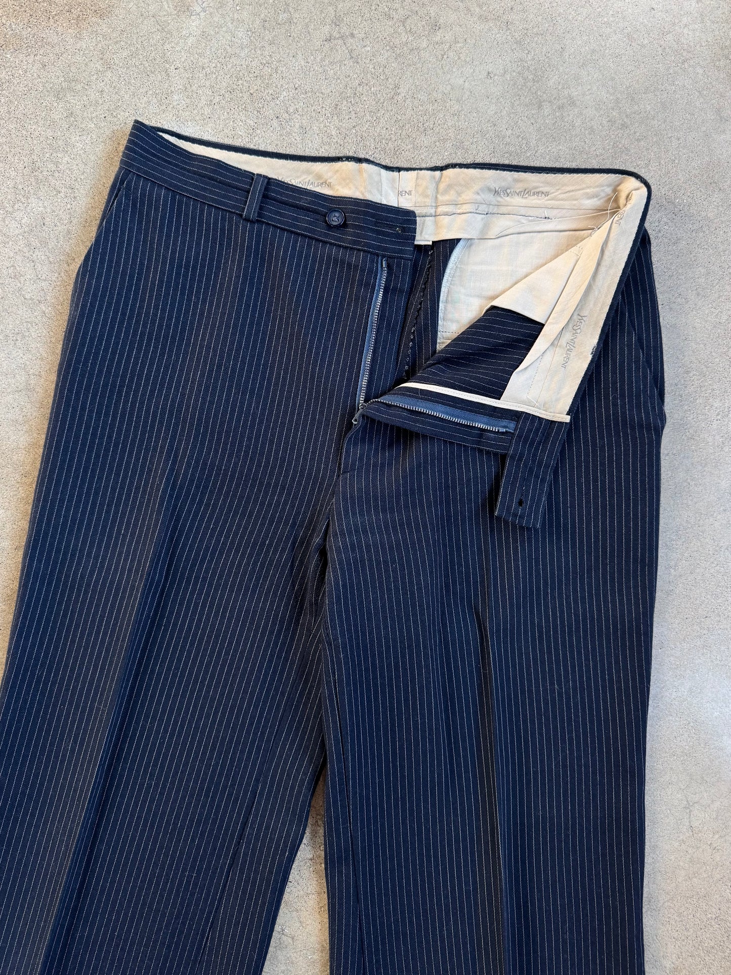 Vintage 1970s Yves Saint Laurent Wool Navy Blue Pinstripe 3-Piece Suit | 42