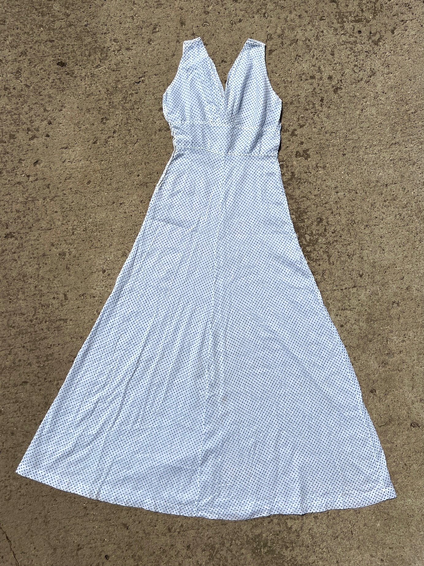 Vintage 1950s Blue Polka Dot Plunge Midi Dress | XS