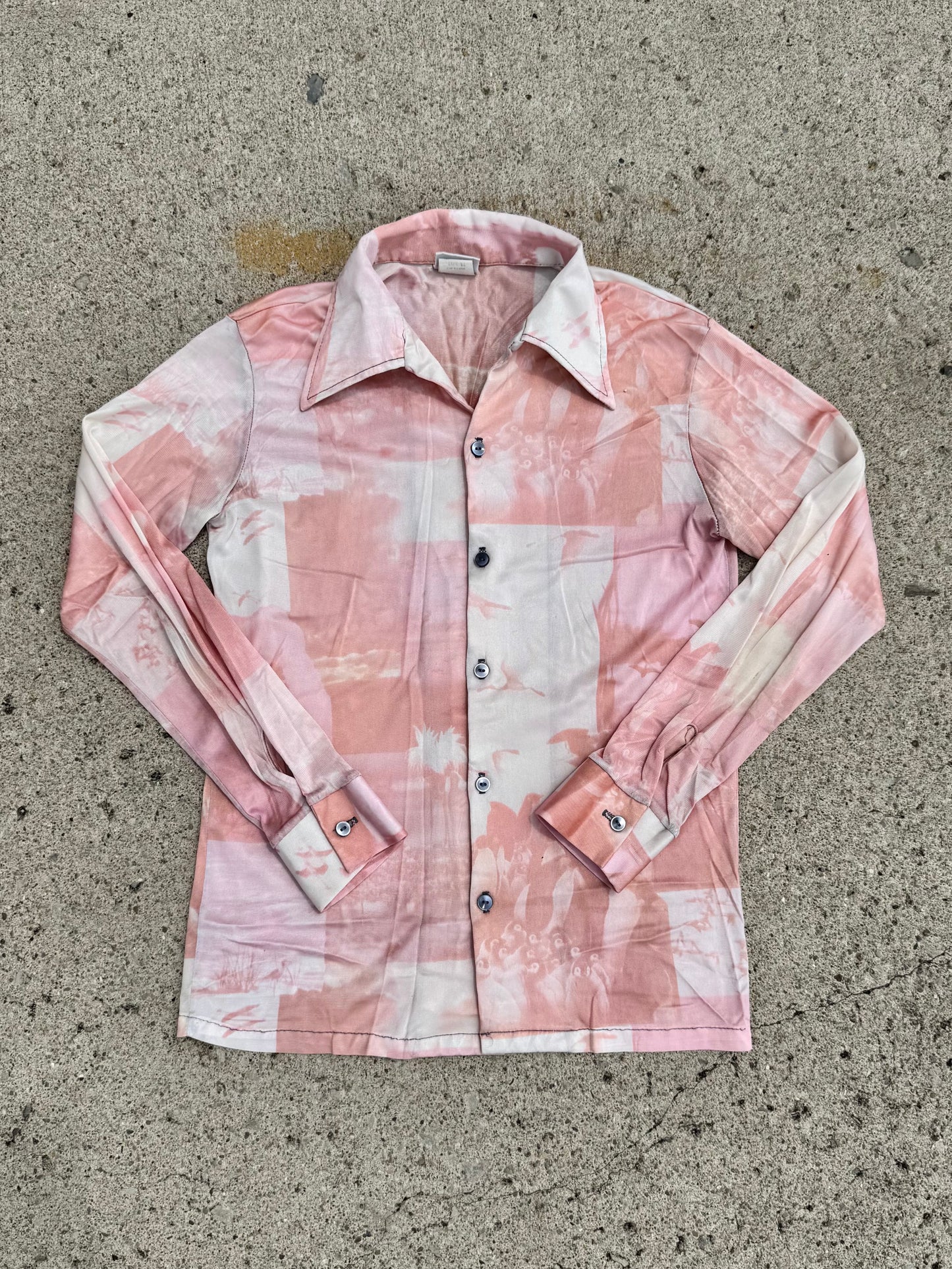 Vintage 1970s Pink Flamingo + Penguin Printed Disco Shirt | XS/S