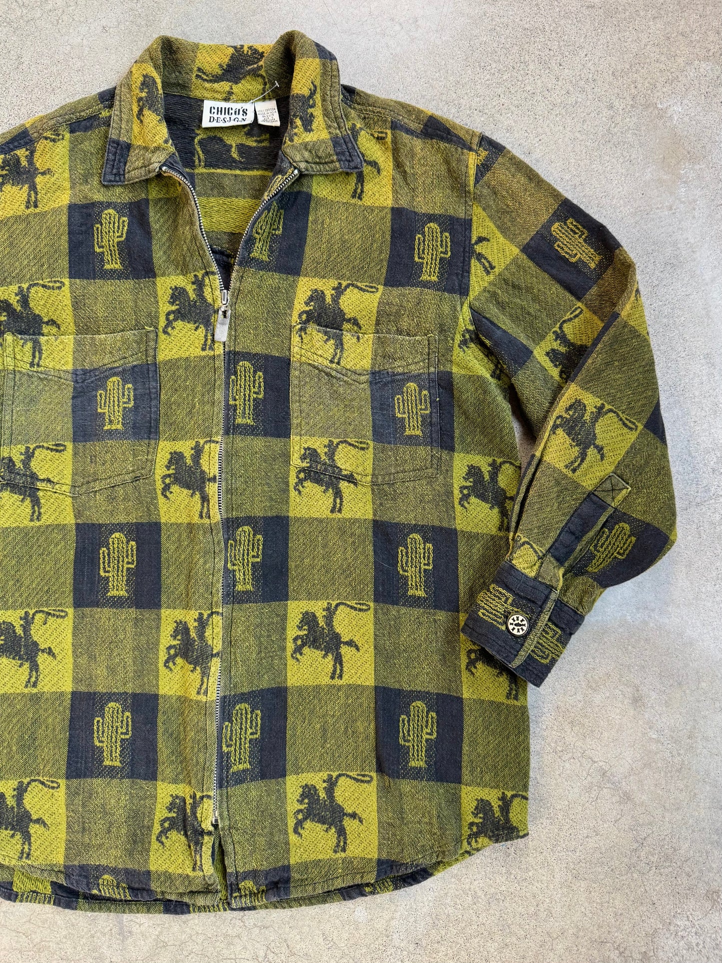 Vintage 1990s Chicos Western Cowboy Print Cotton Zip-Up Shirt Jacket | Medium