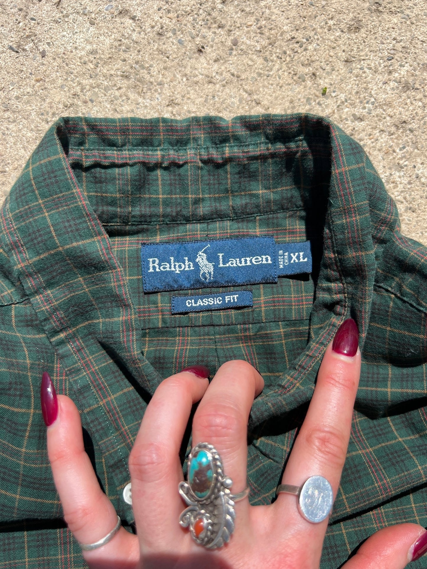 Vintage 1990s Ralph Lauren Green Plaid Cotton Button Down Shirt | XL