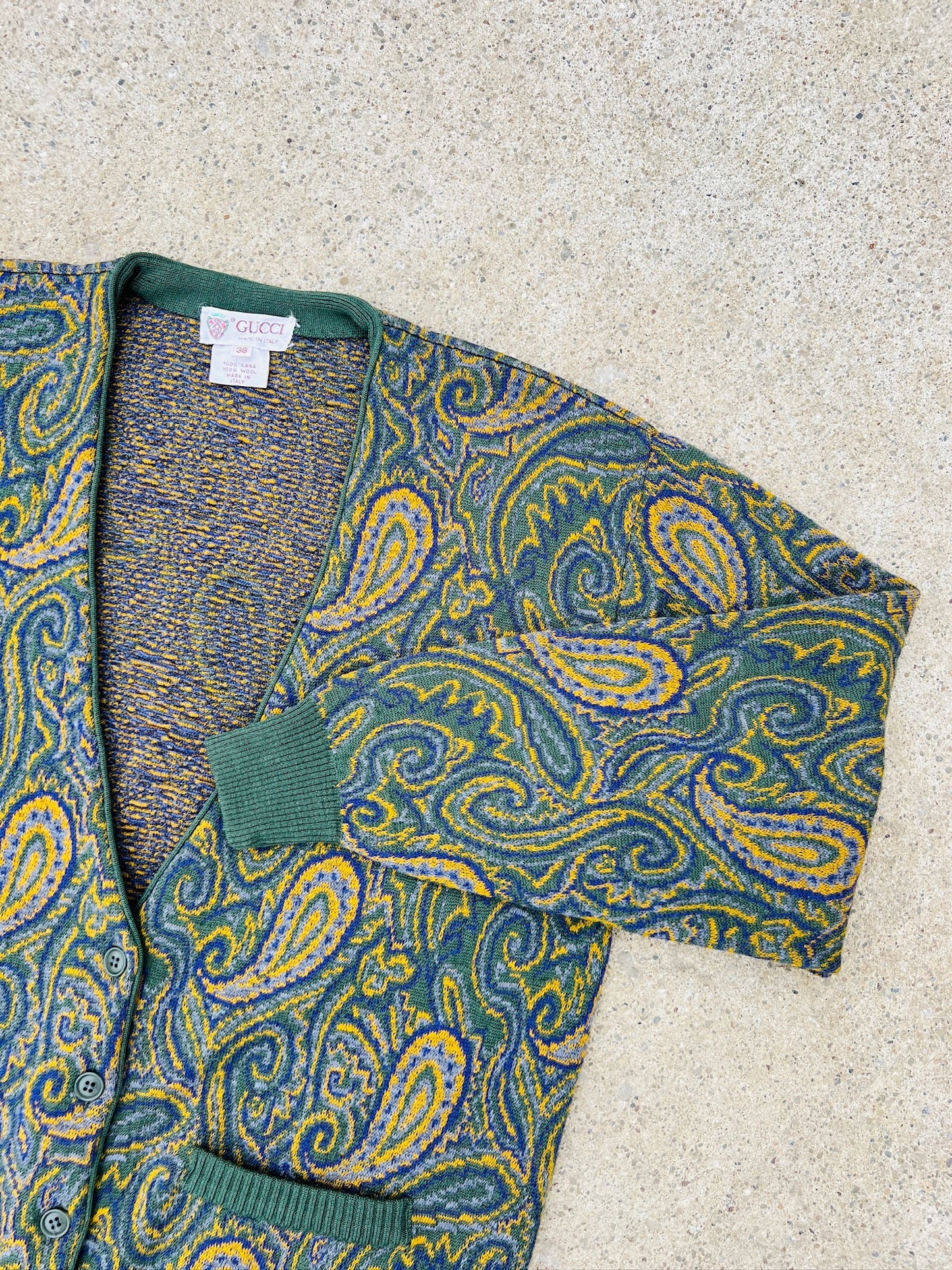 Vintage 1980s Gucci Green Paisley Wool Cardigan | Medium