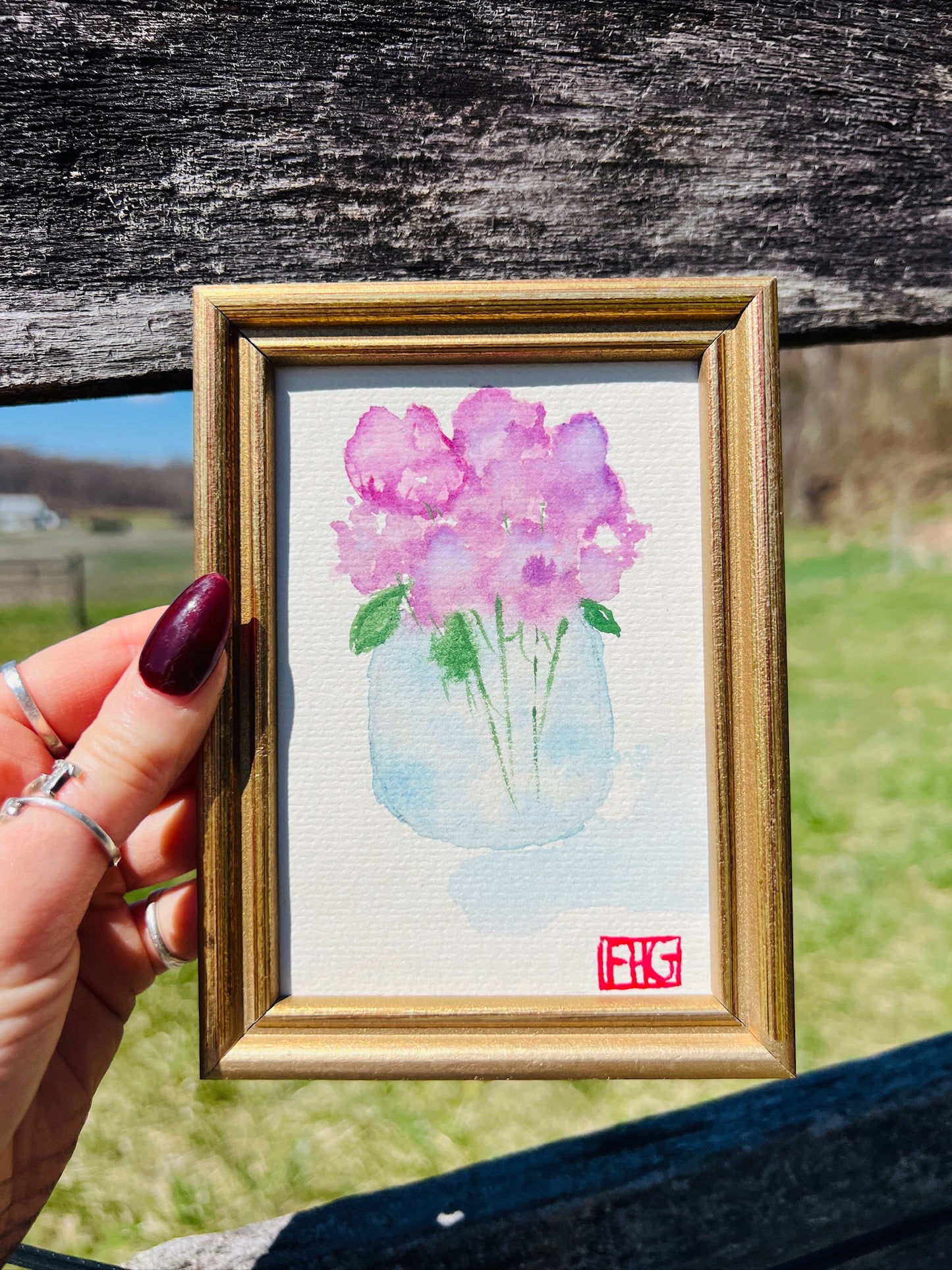 Vintage 1950s Framed Purple Flower Watercolor