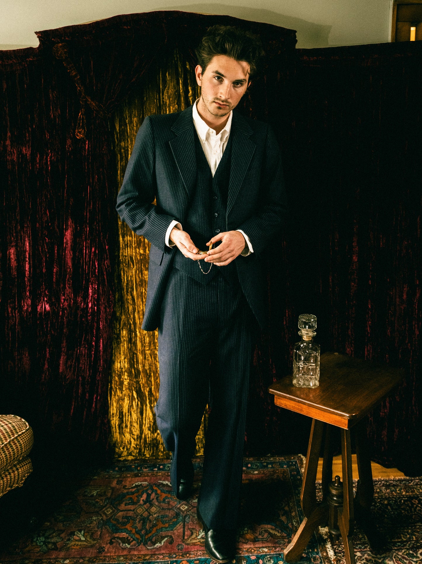 Vintage 1970s Yves Saint Laurent Wool Navy Blue Pinstripe 3-Piece Suit | 42