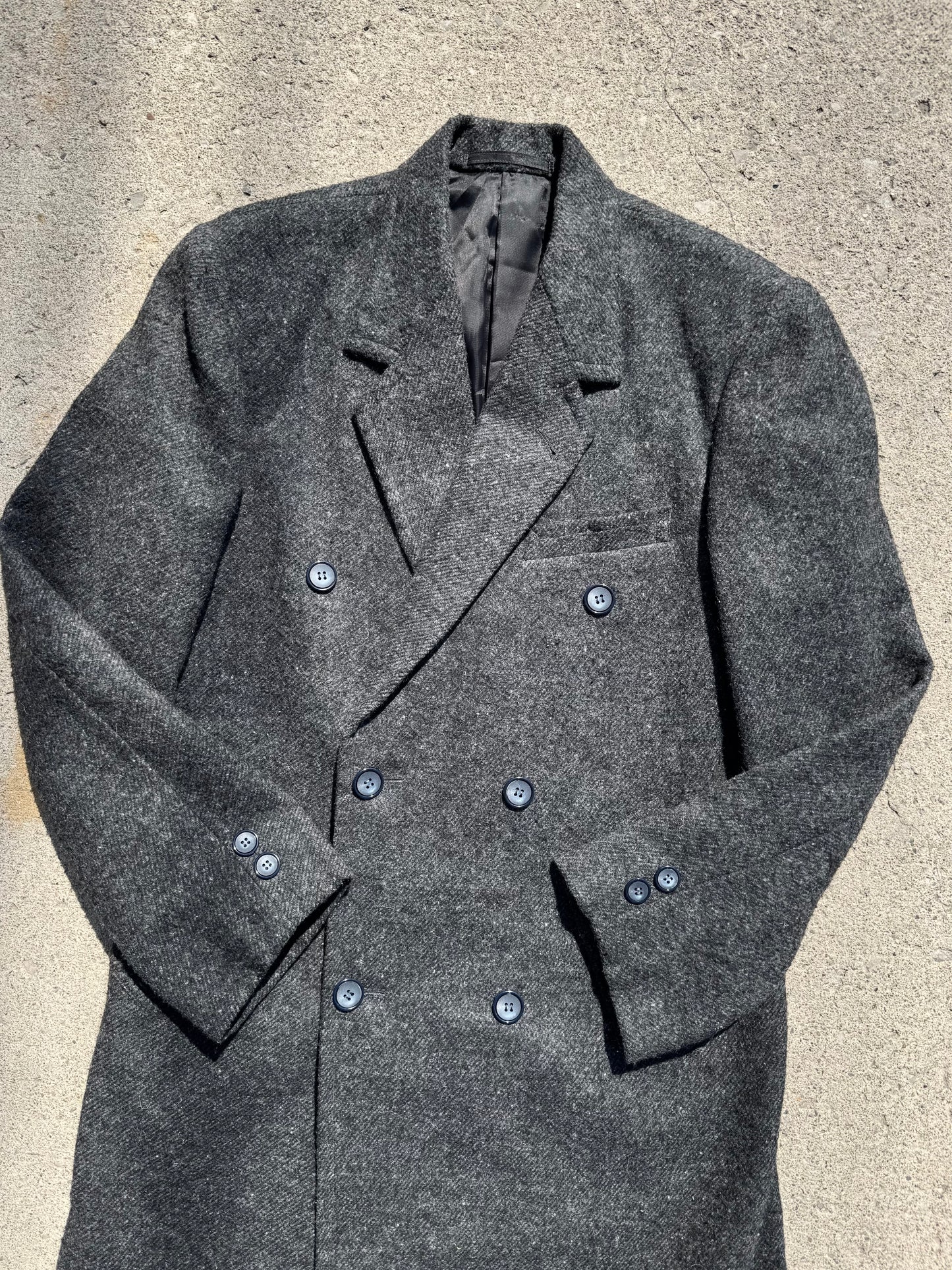 Vintage 1980s Jimmy’s Tailor Grey Wool Double-Breasted Overcoat | L/XL