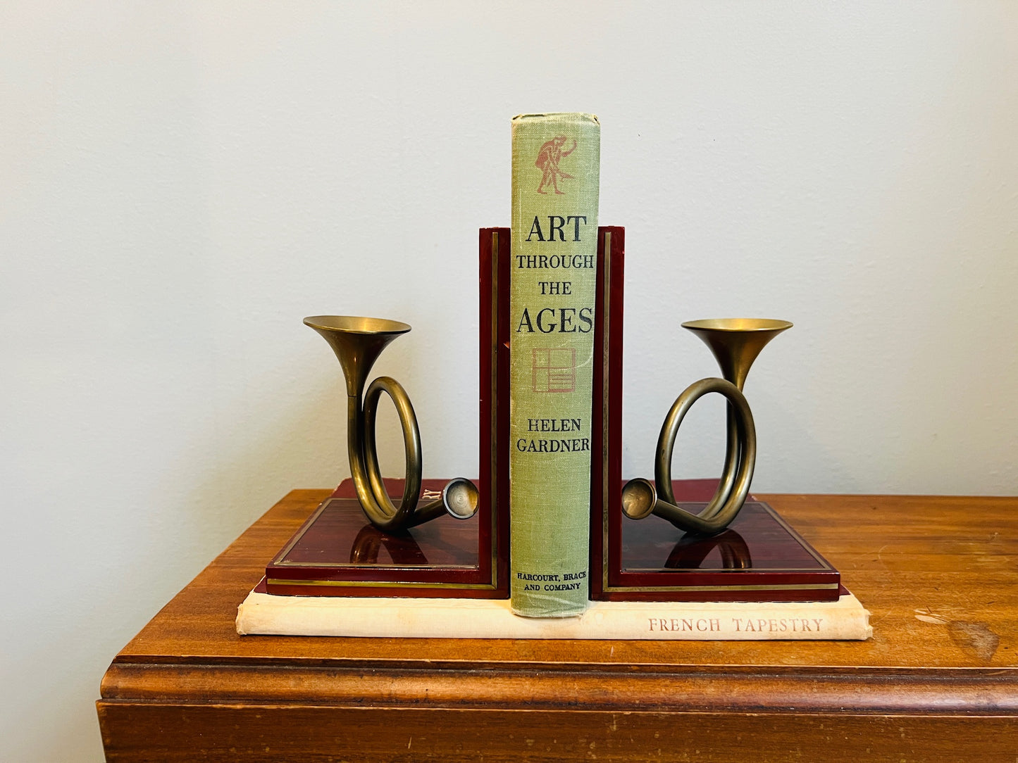 Vintage 1950s Brass French Horn Wood Inlay Bookends