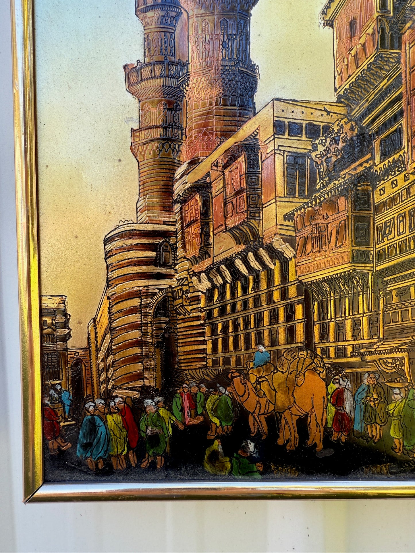 Vintage 1950s Framed Egyptian Street Market Engraved Artwork