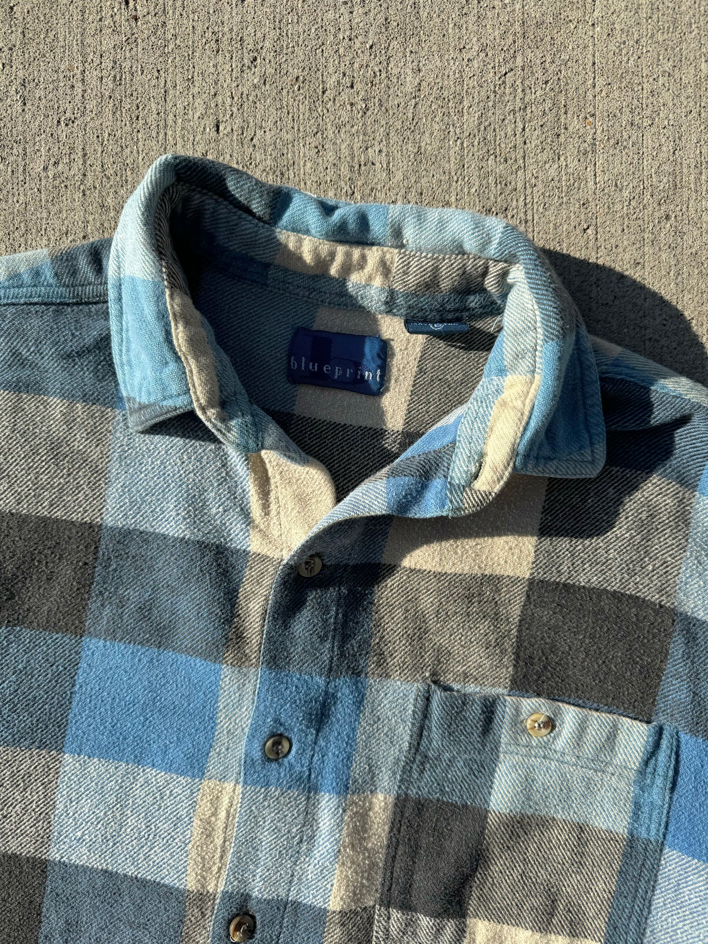 Vintage 1990s Blueprint Blue Plaid Cotton Flannel Shirt | Large