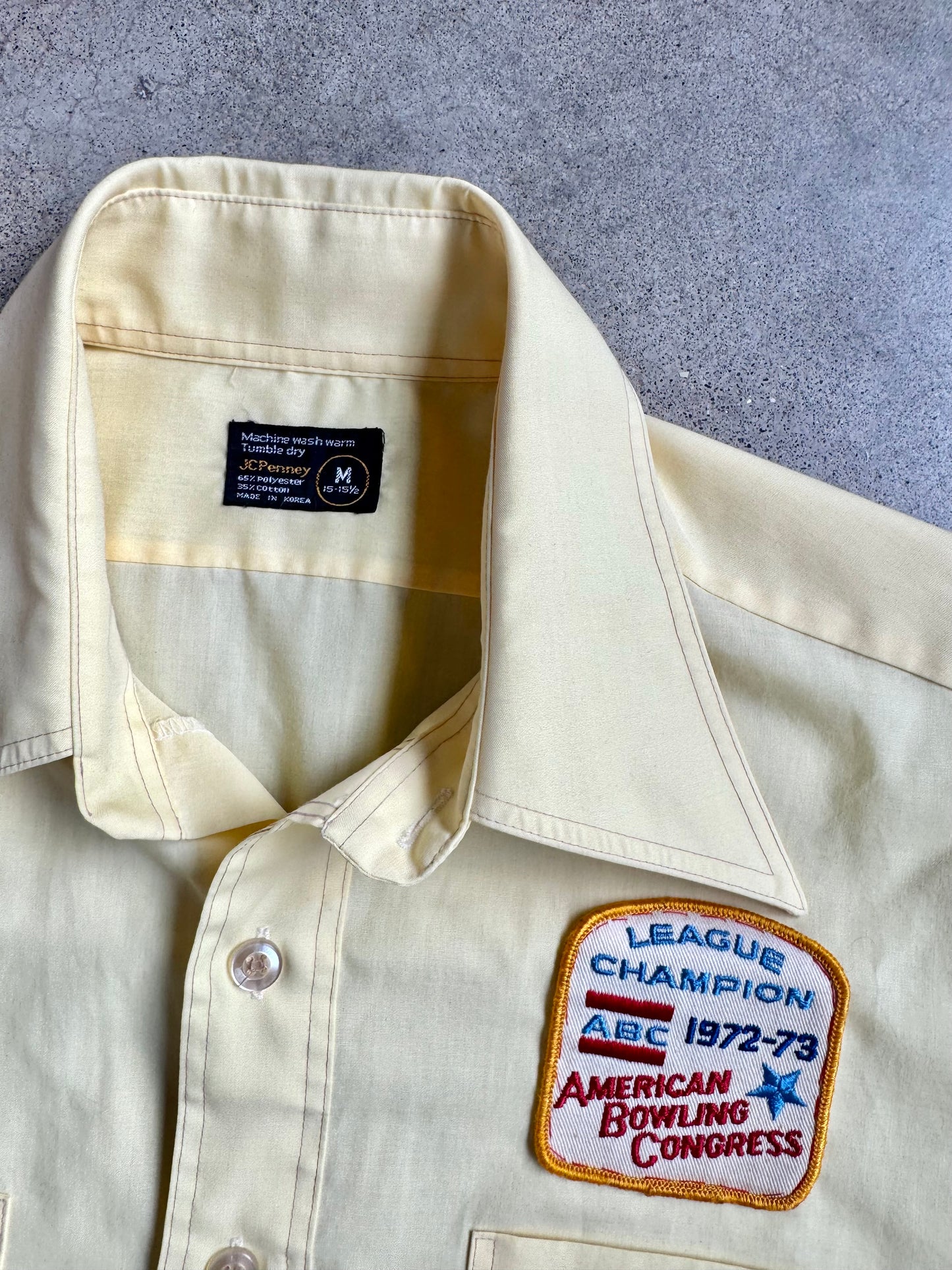 Vintage 1970s Yellow American Bowling Congress League Champ Patch Shirt | Medium