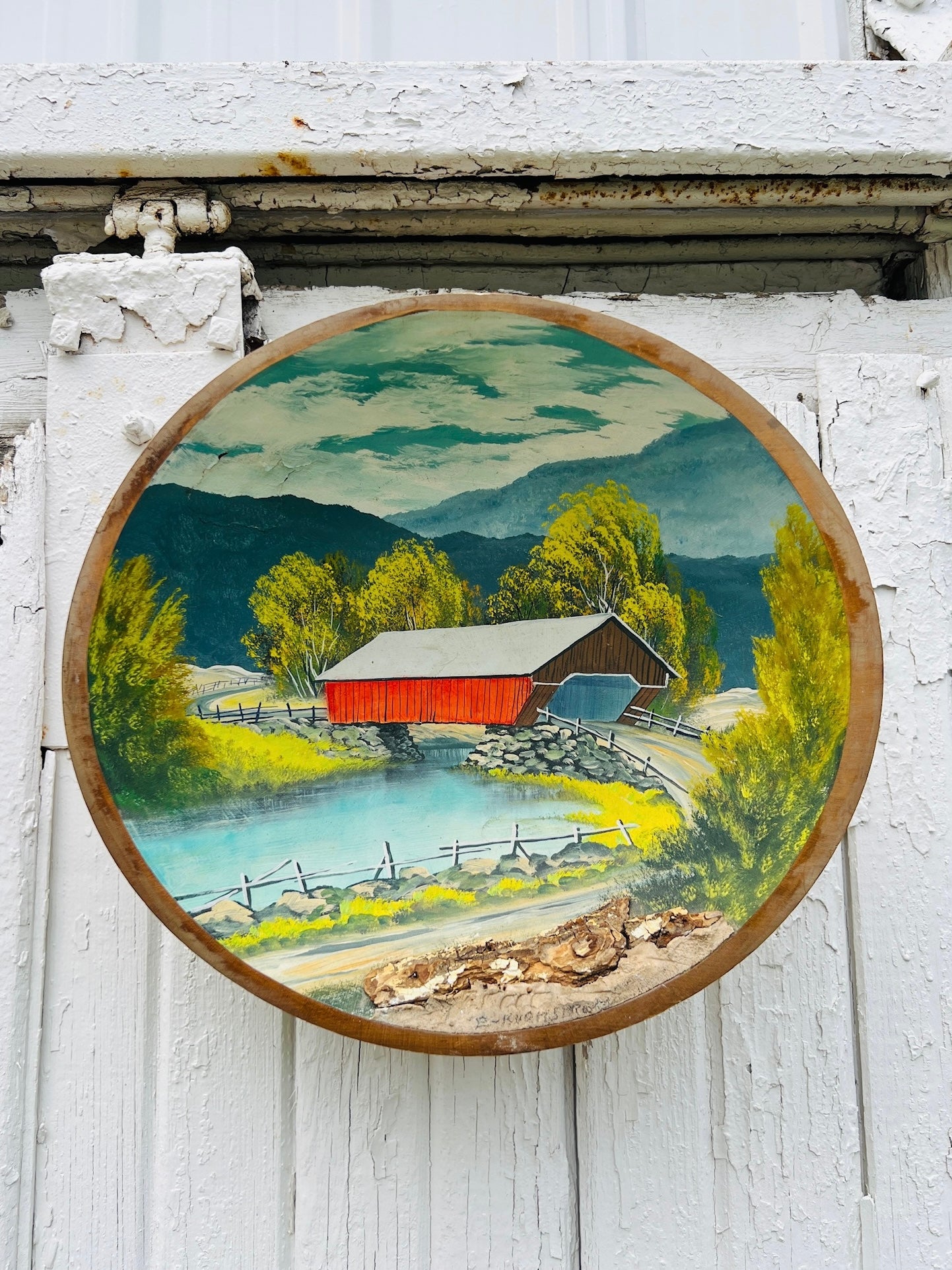 Vintage 1960s Hand Painted Barn Landscape Dough Bowl Wall Art