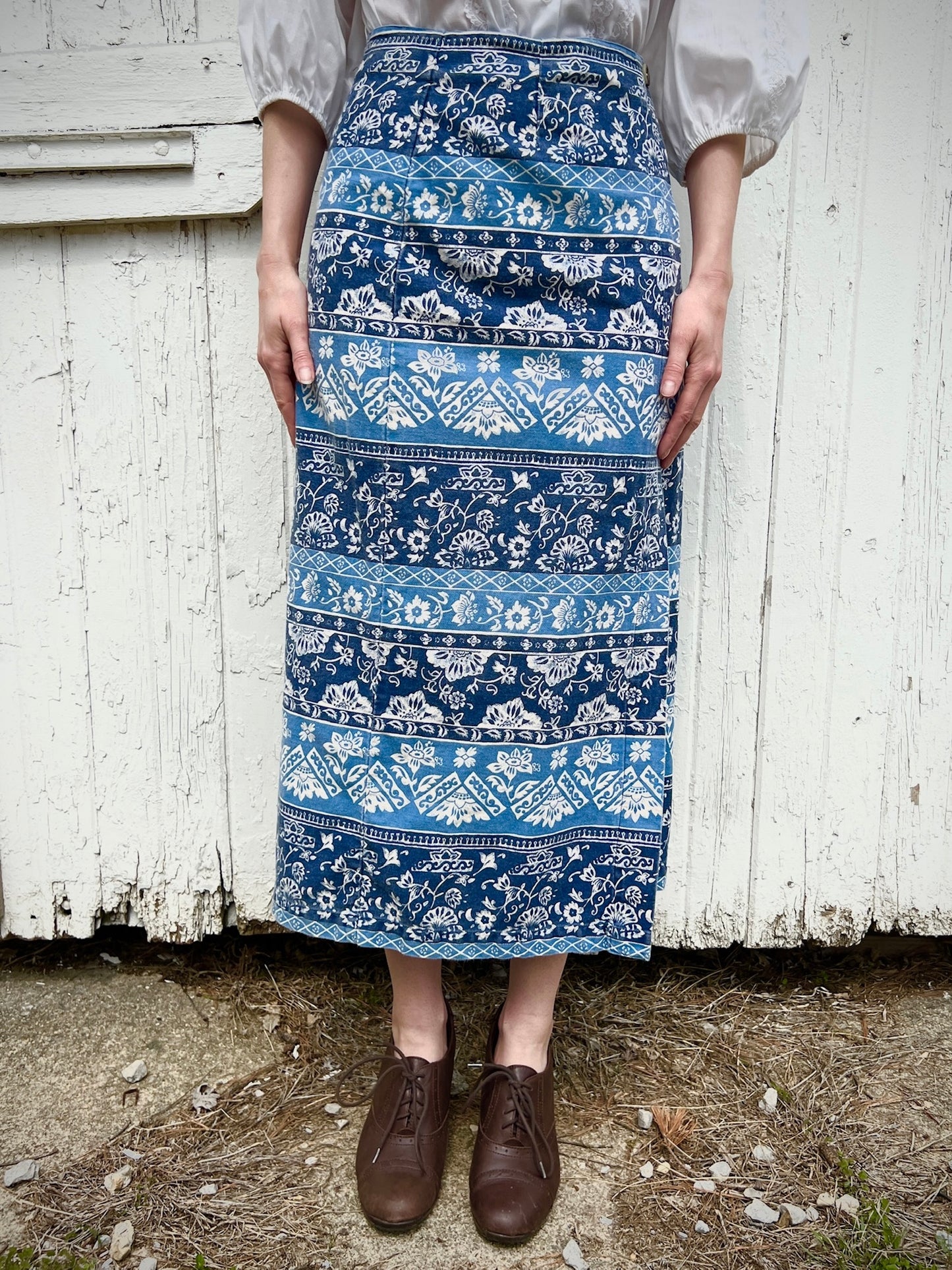 Vintage 1990s Blue Floral Maxi Wrap Skirt | Small