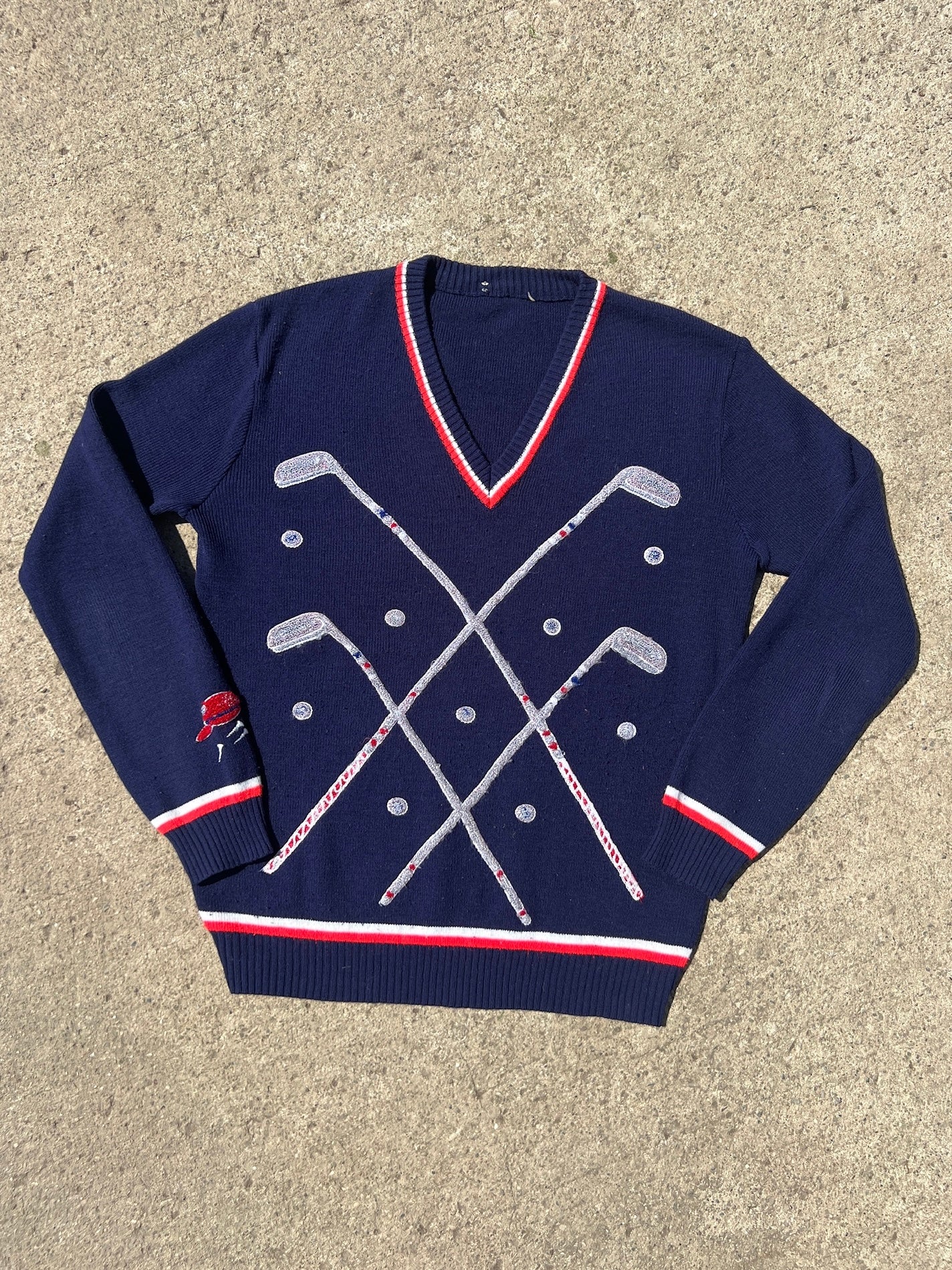 Vintage 1980s Navy Golf Club Knit V-Neck Sweater | S/M