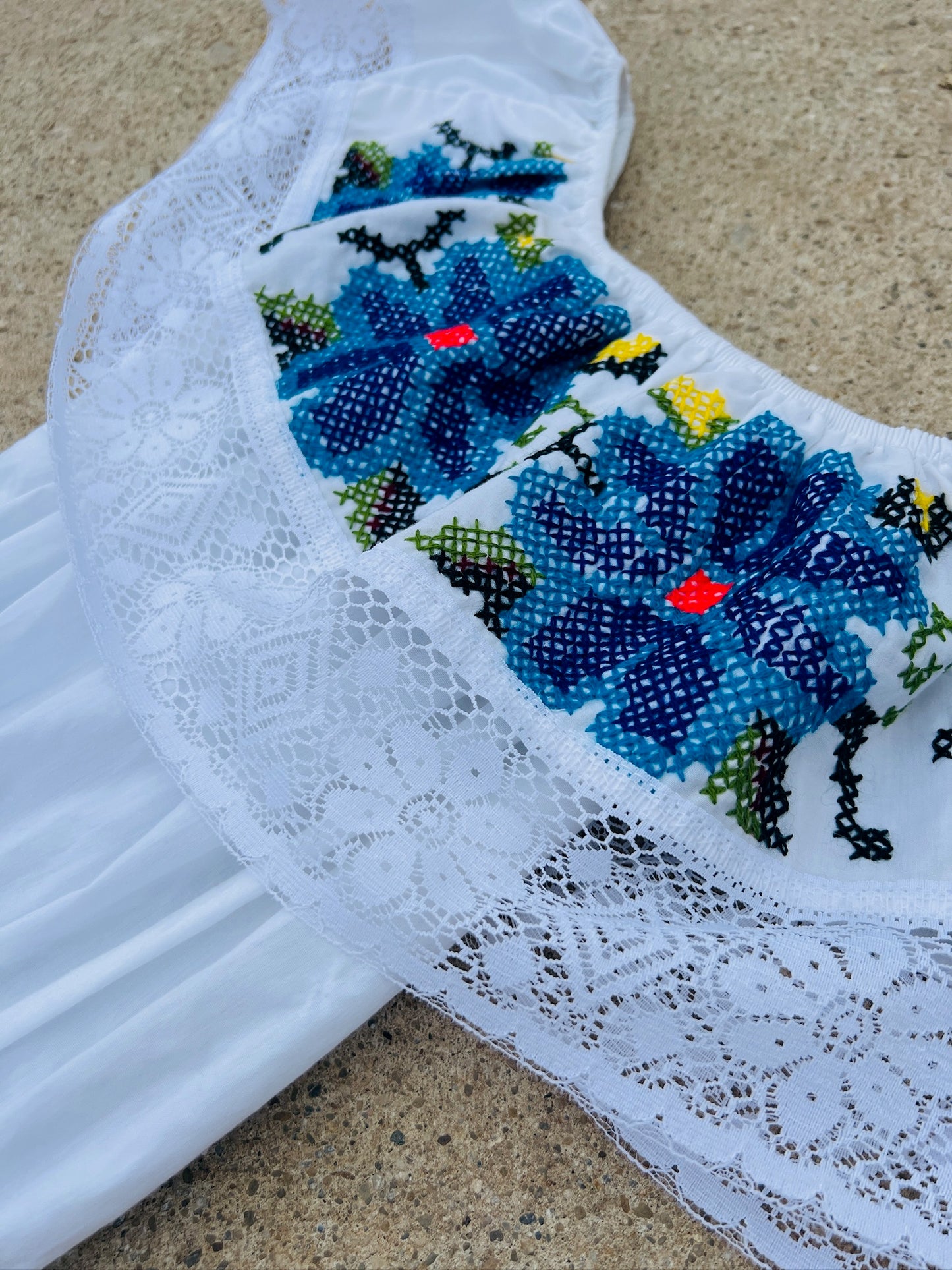 Vintage Mexican Embroidered Off Shoulder Cotton Dress | Medium