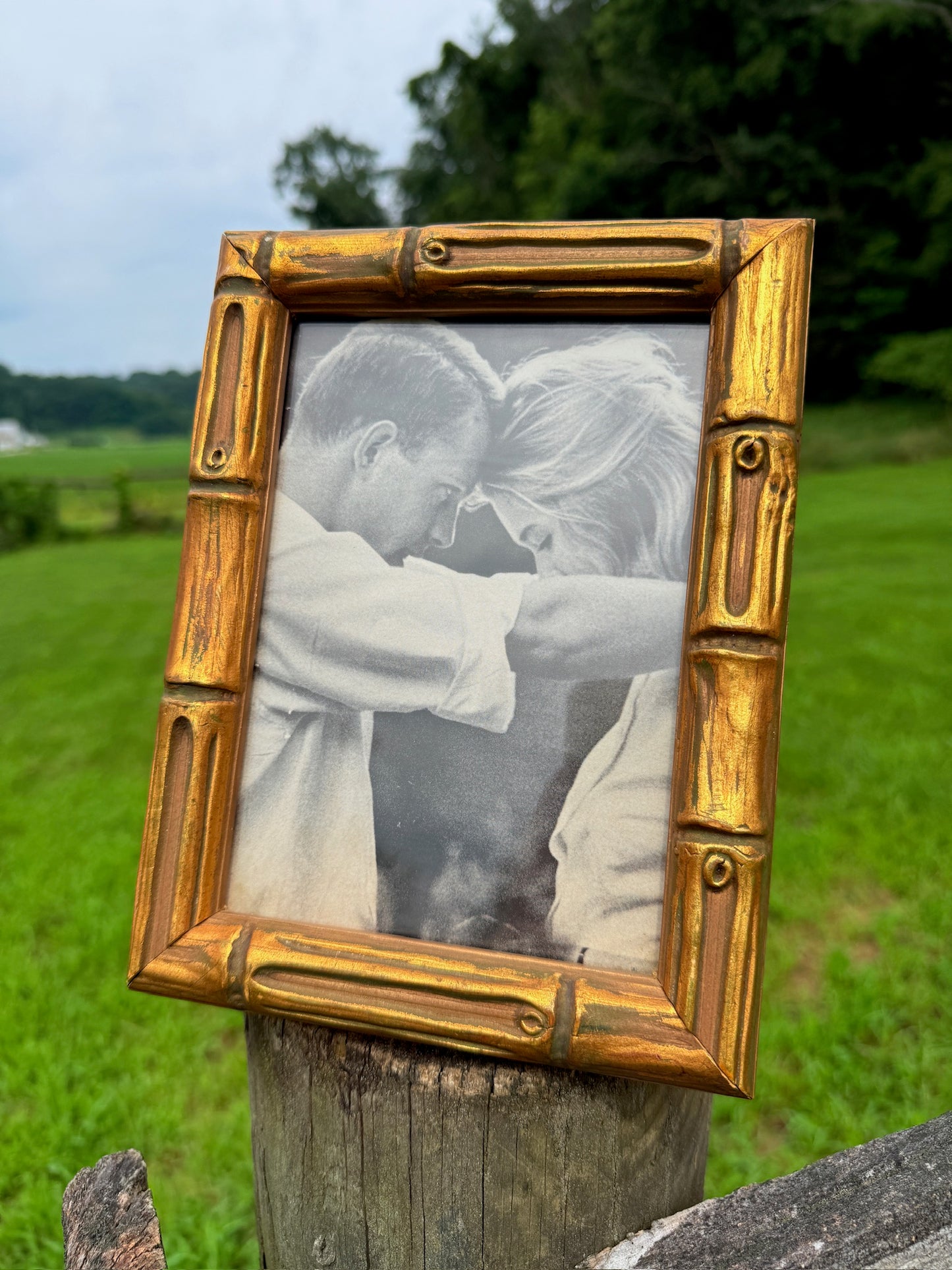 Vintage Gold Bamboo-Style Picture Frame w/ "Couples Embrace" Print