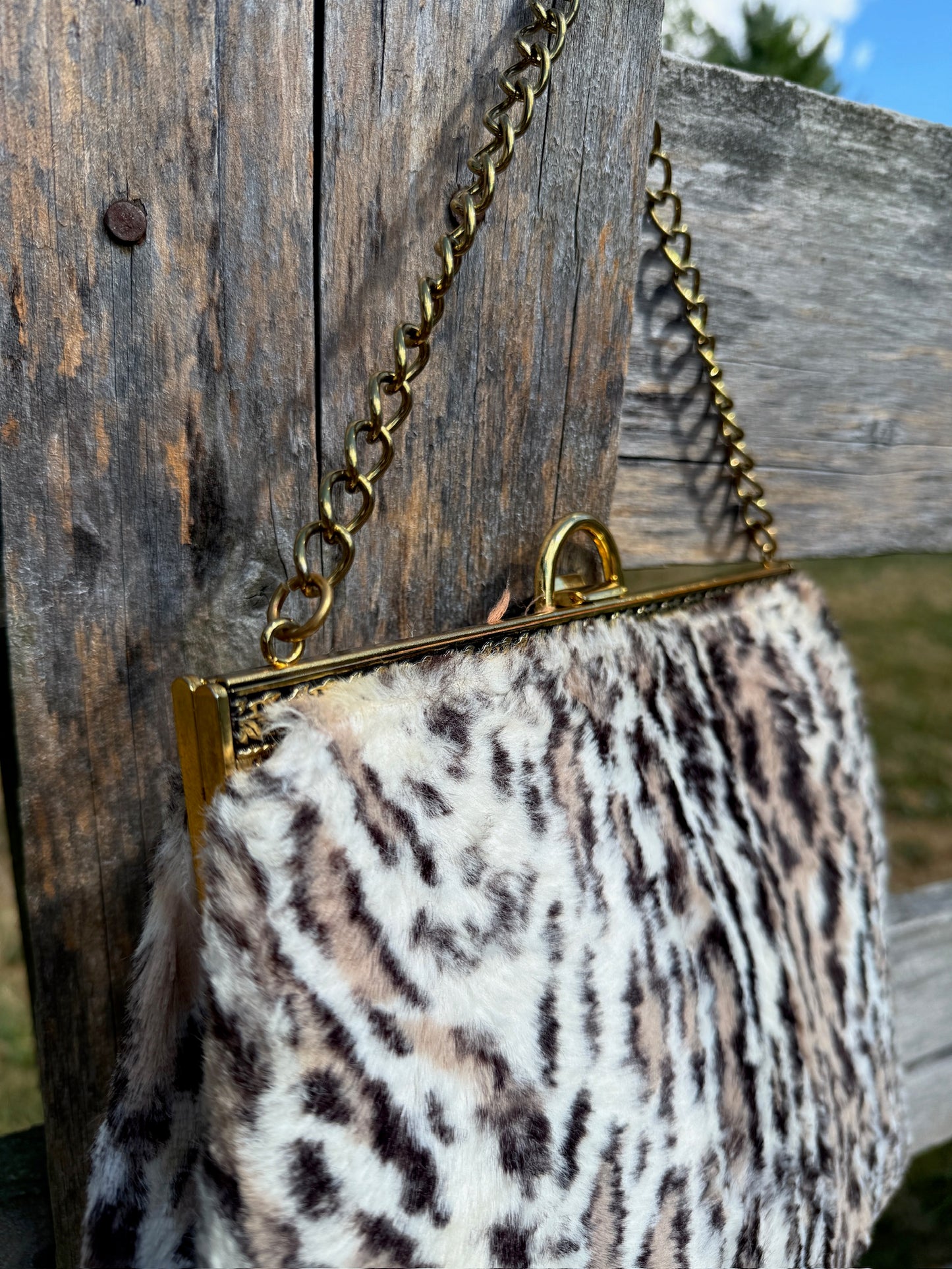 Vintage 1960s Leopard Animal Print Gold Chain Handbag