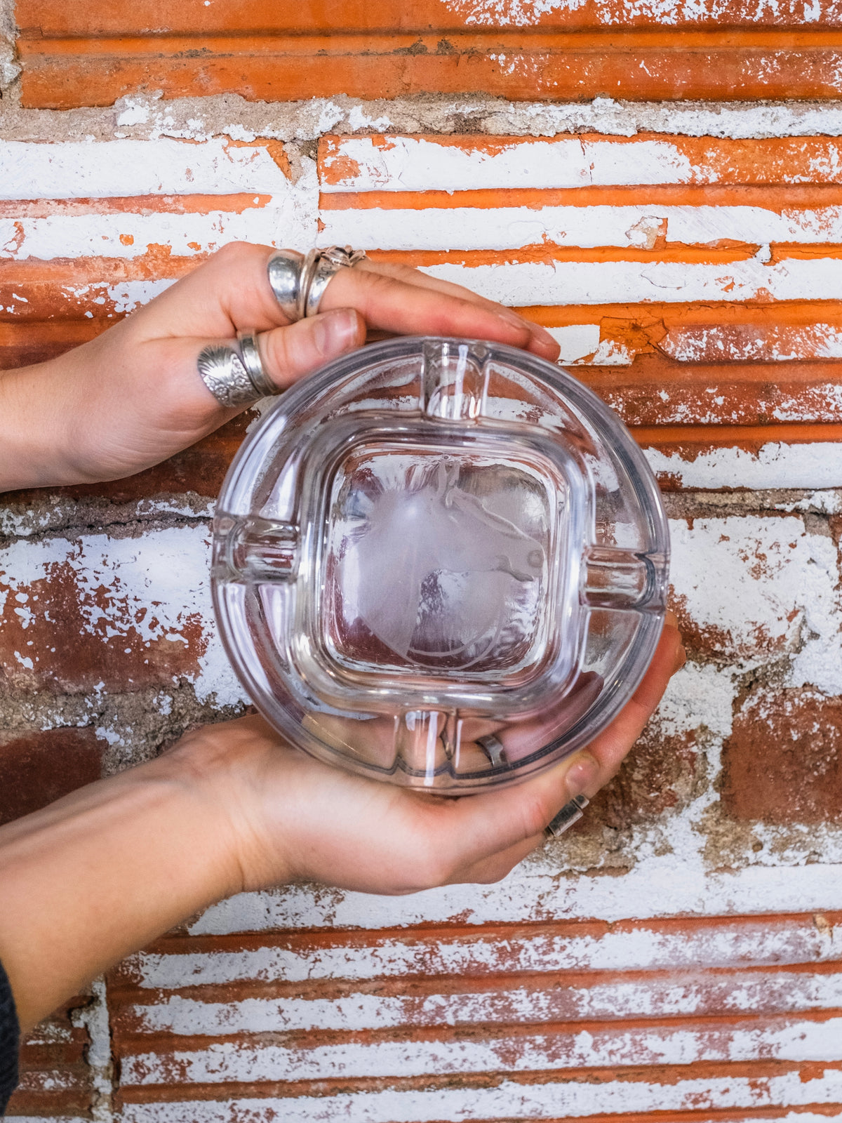 Vintage Round Solid Crystal Etched Horse Head Ashtray