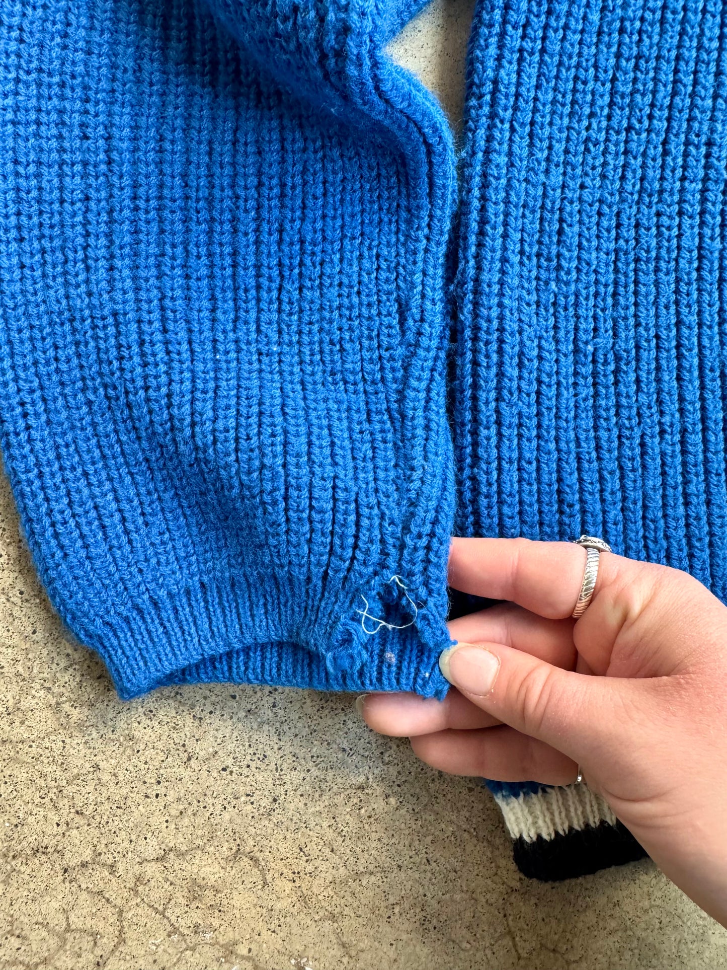 Vintage 1960s Blue Striped Trim Knit Zip-Up Sweater Jacket | S/M