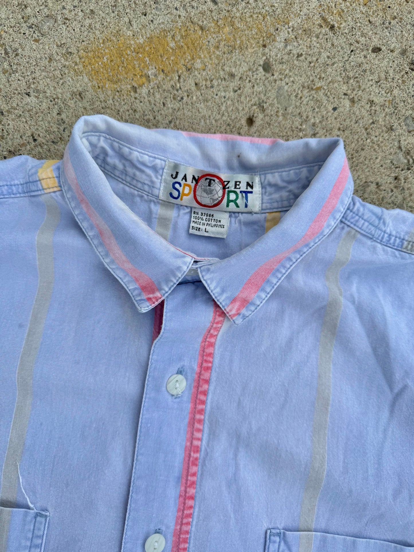 Vintage 1980s Jantzen Sport Pastel Striped Short Sleeve Cotton Shirt | Large
