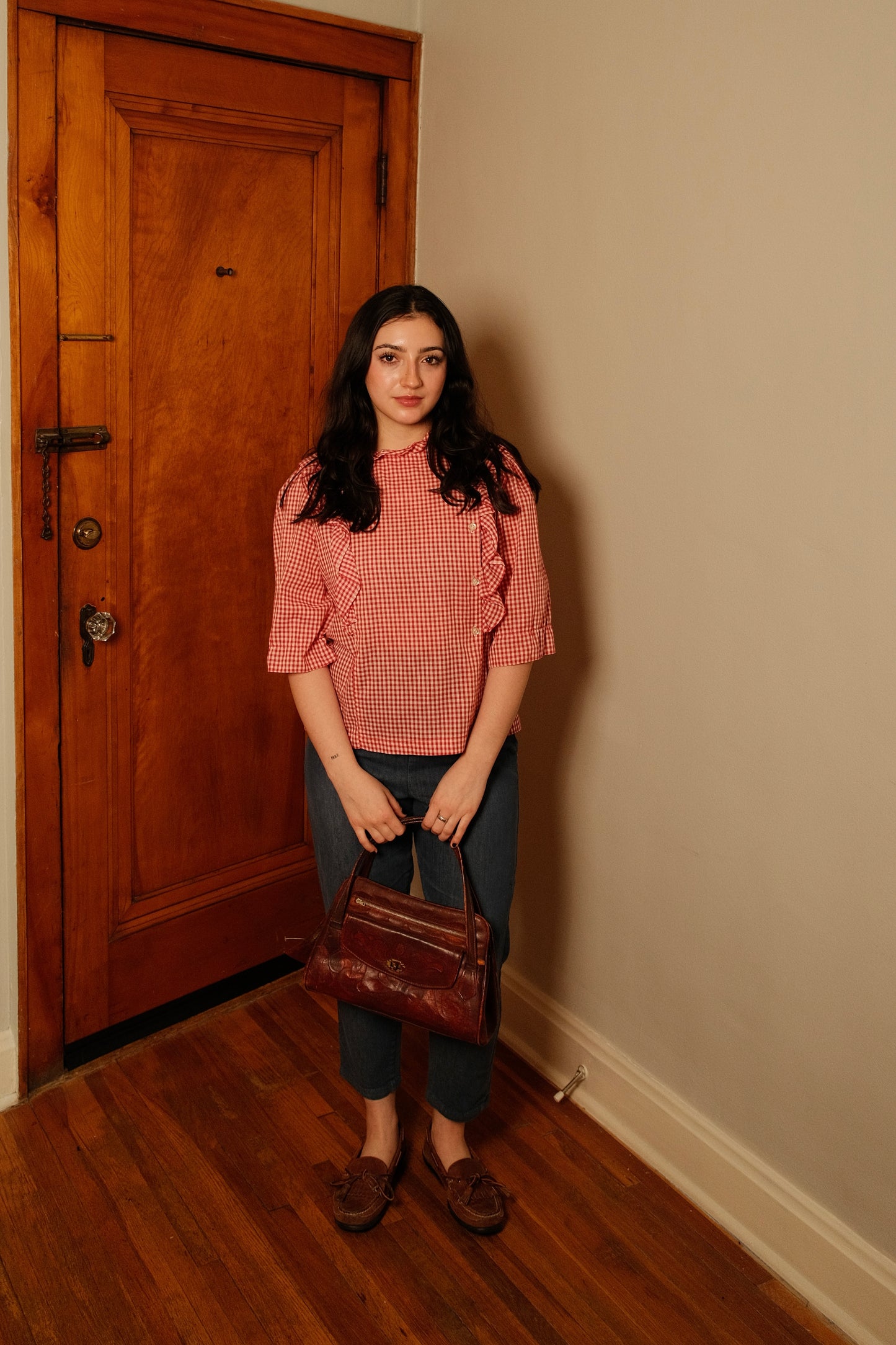 Vintage 1970s Cal Togs Red Gingham Ruffle Blouse | S/M
