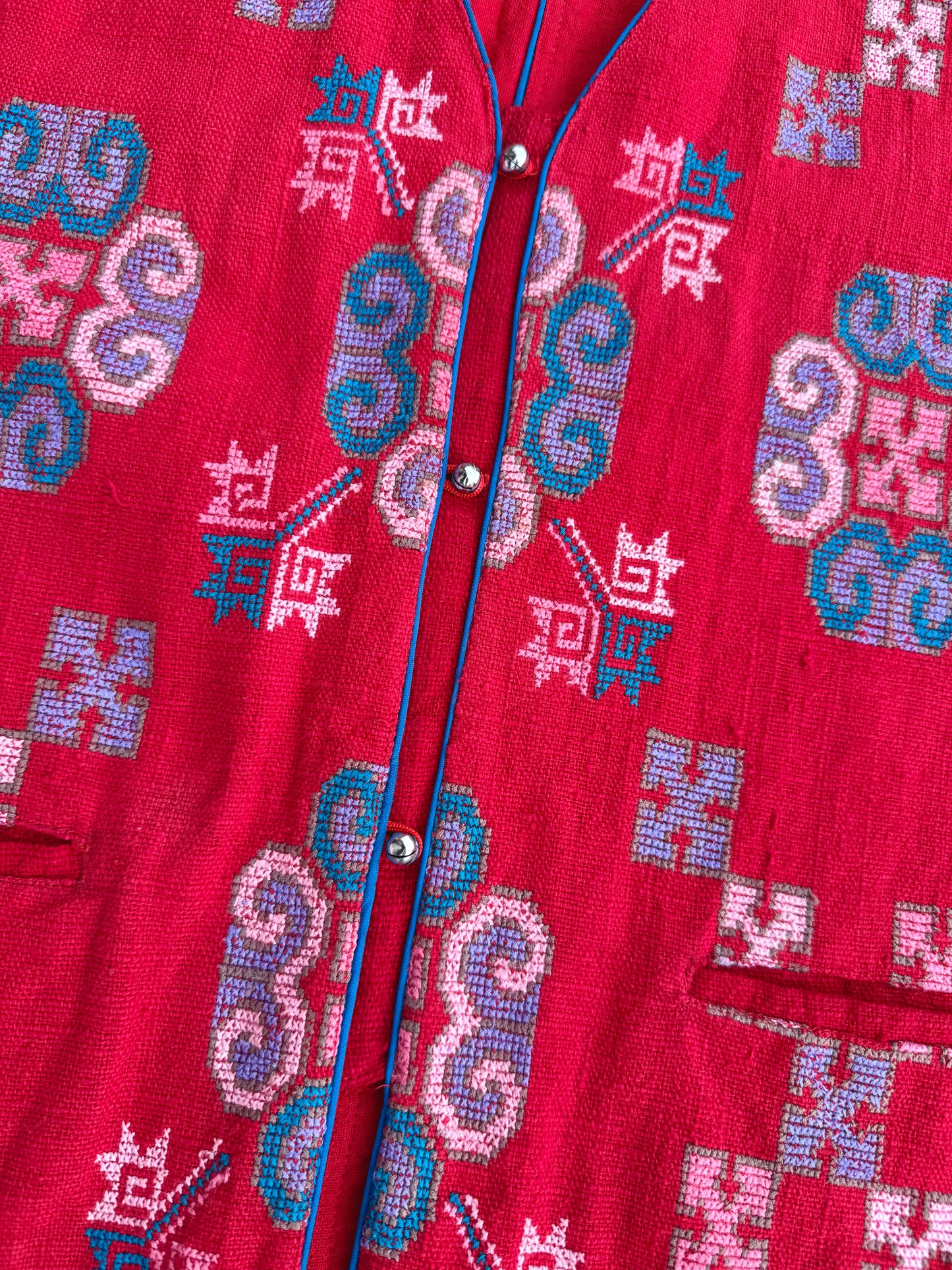 Vintage 1980s Red Cotton Southwestern Embroidered Vest | Large