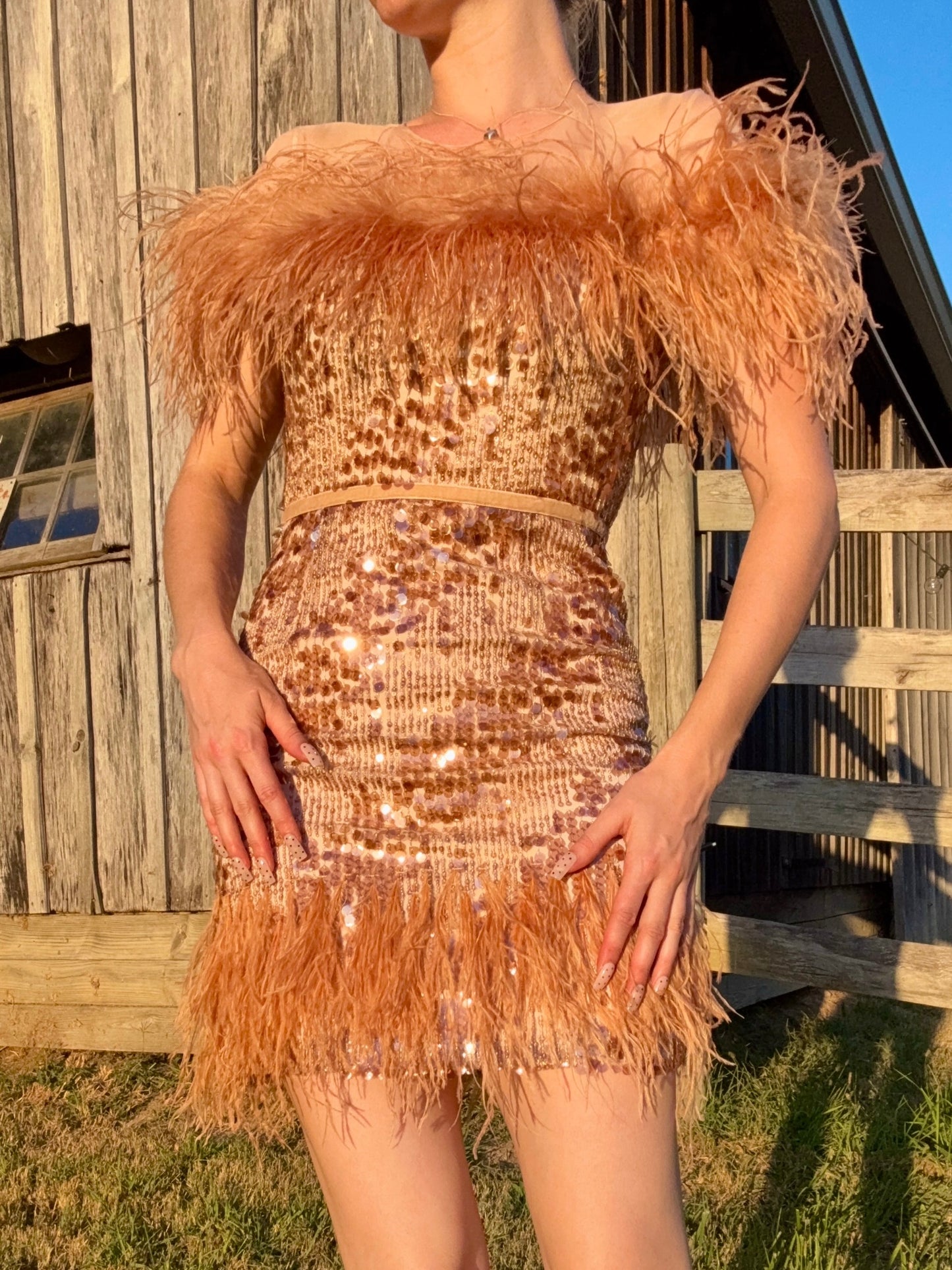 Antonio Melani Rose Gold Sequined Feather Cocktail Dress | Small