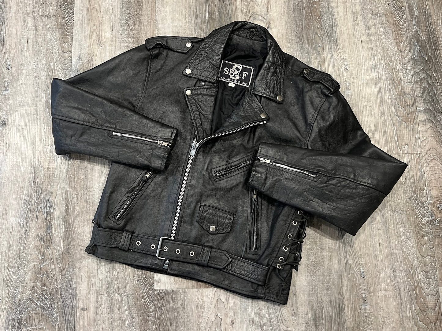 Vintage 1980s Shaf Black Leather Motorcycle Jacket | L/XL