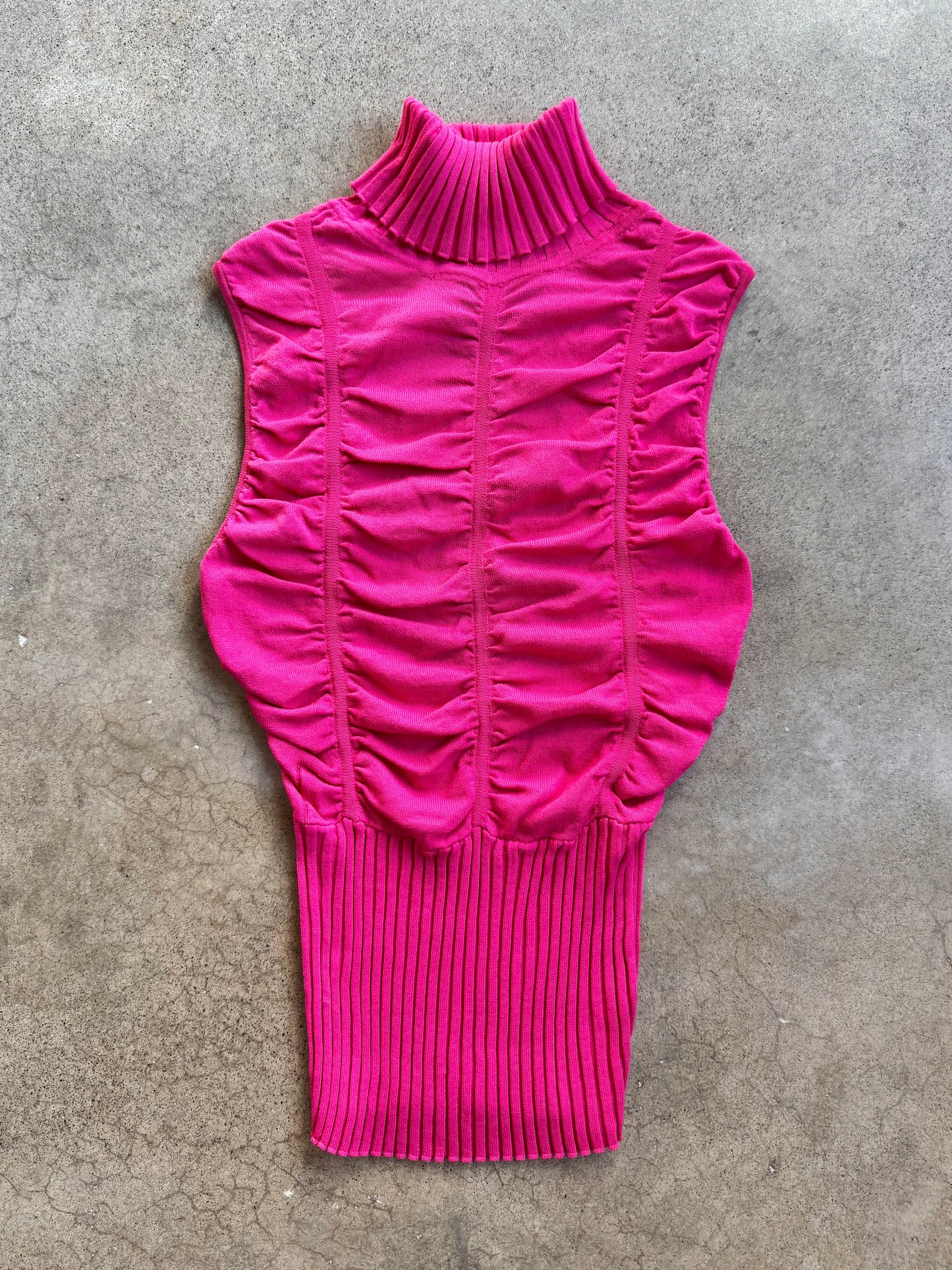 2000s Hot Pink Sleeveless Ribbed Turtleneck Top | Medium