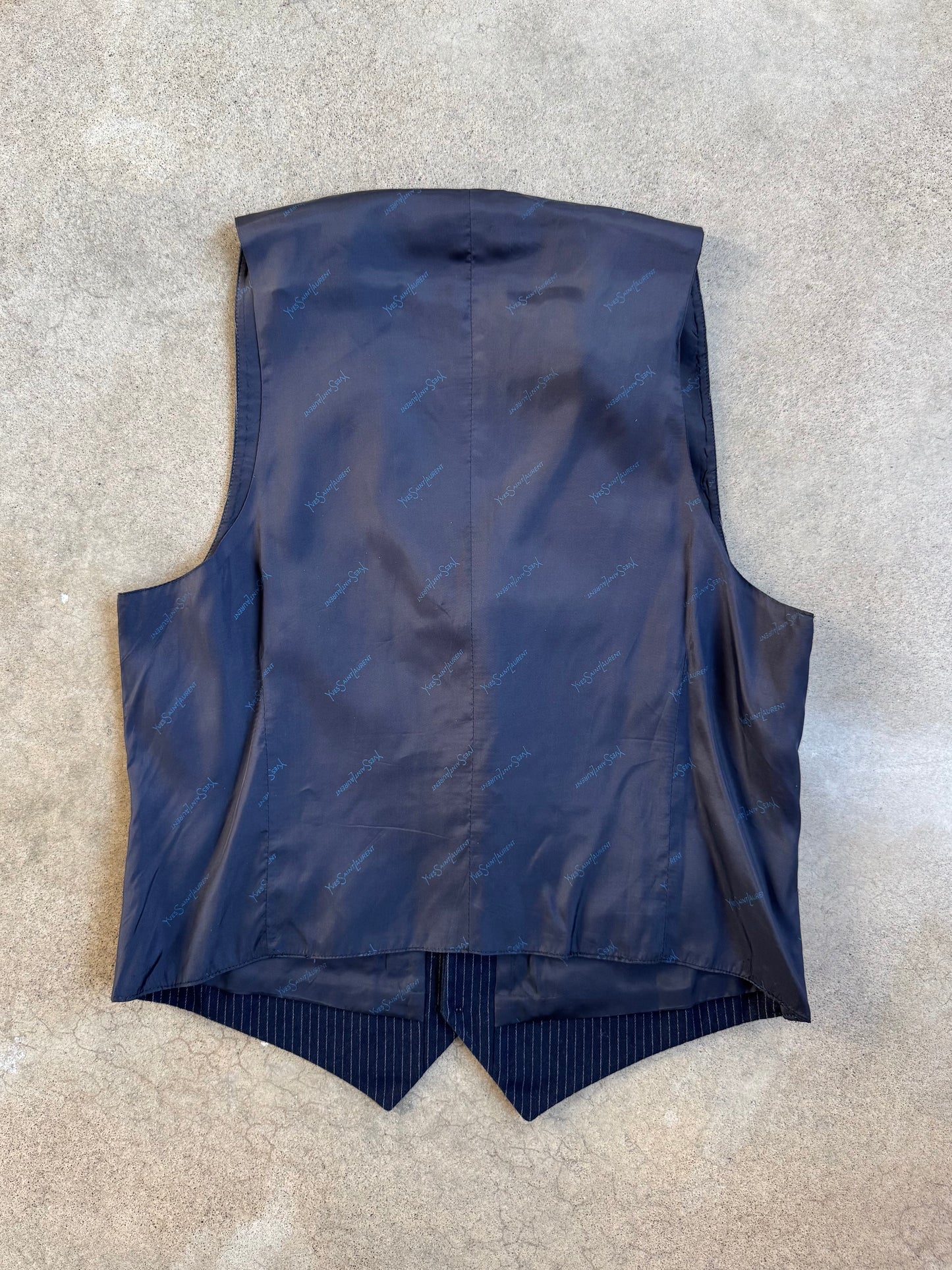 Vintage 1970s Yves Saint Laurent Wool Navy Blue Pinstripe 3-Piece Suit | 42