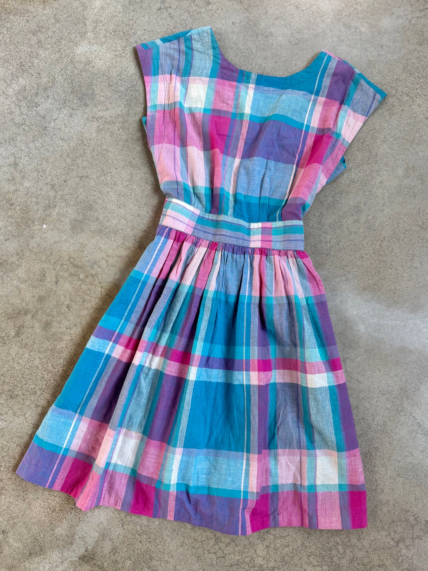 Vintage 1960s Pink & Purple Plaid Tie Waist Cotton Mini Dress | XS