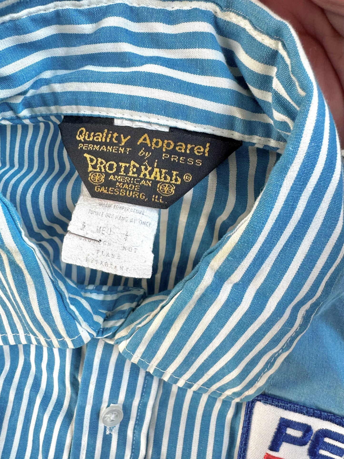 Vintage 1970s Blue Stripe Pepsi Patched Uniform Work Shirt | Medium