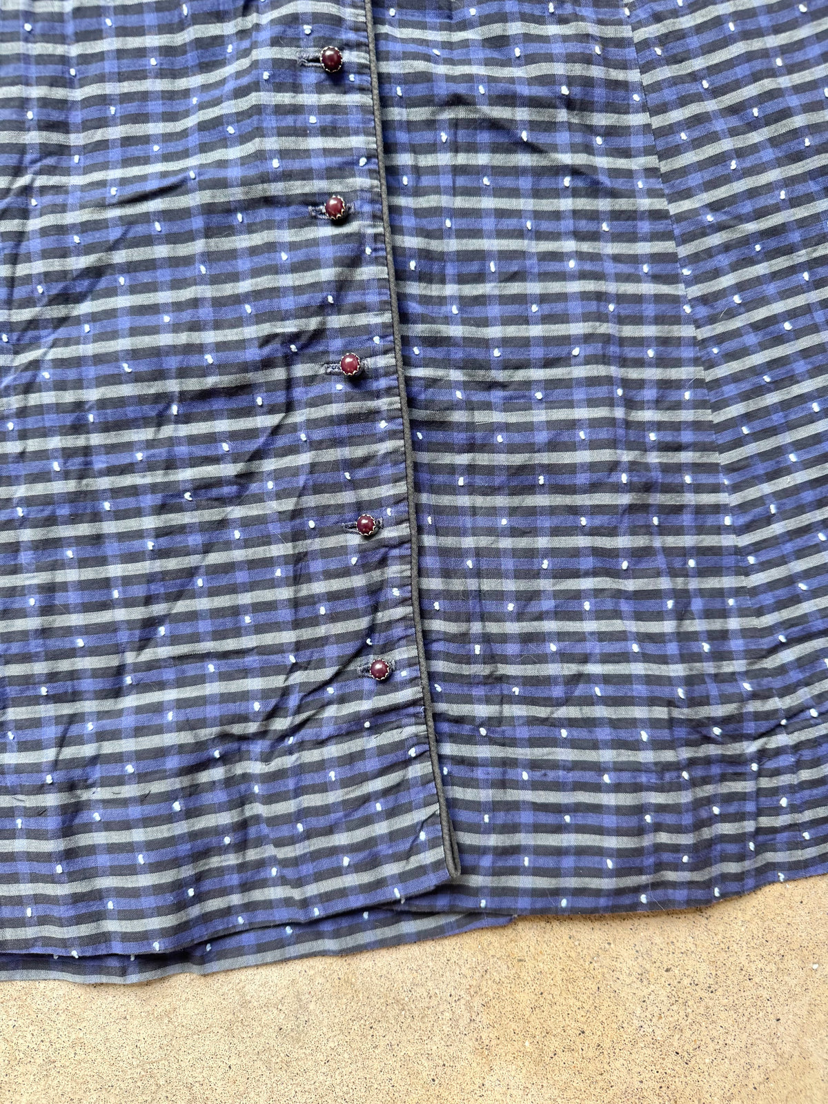 Vintage 1950s Berkshire Navy Swiss Dot Plaid Short Sleeve Button-Front Dress | XS