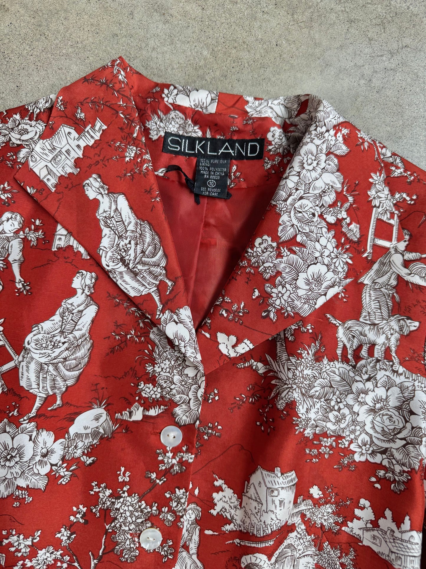 Vintage 1990s Silkland Red Toile Print Silk Blazer | Medium